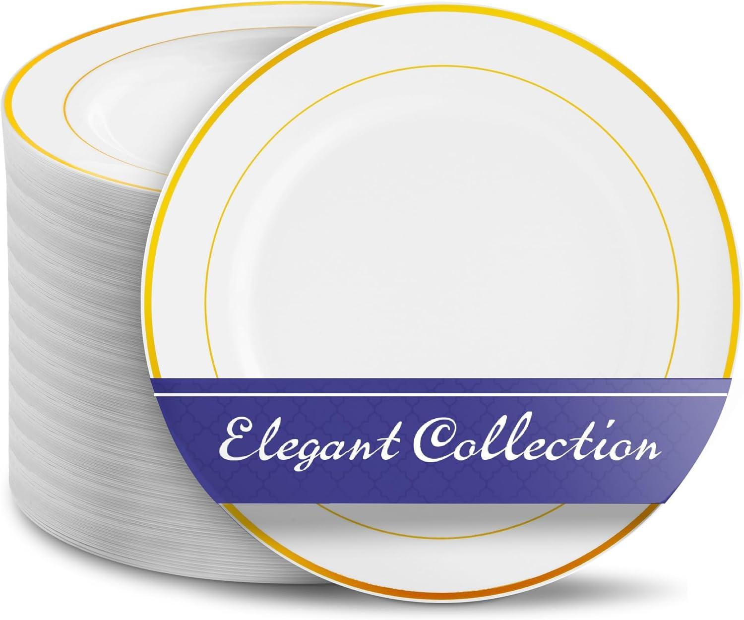 Elegant White and Gold Rim 10.25" Disposable Plastic Dinner Plates, Set of 100