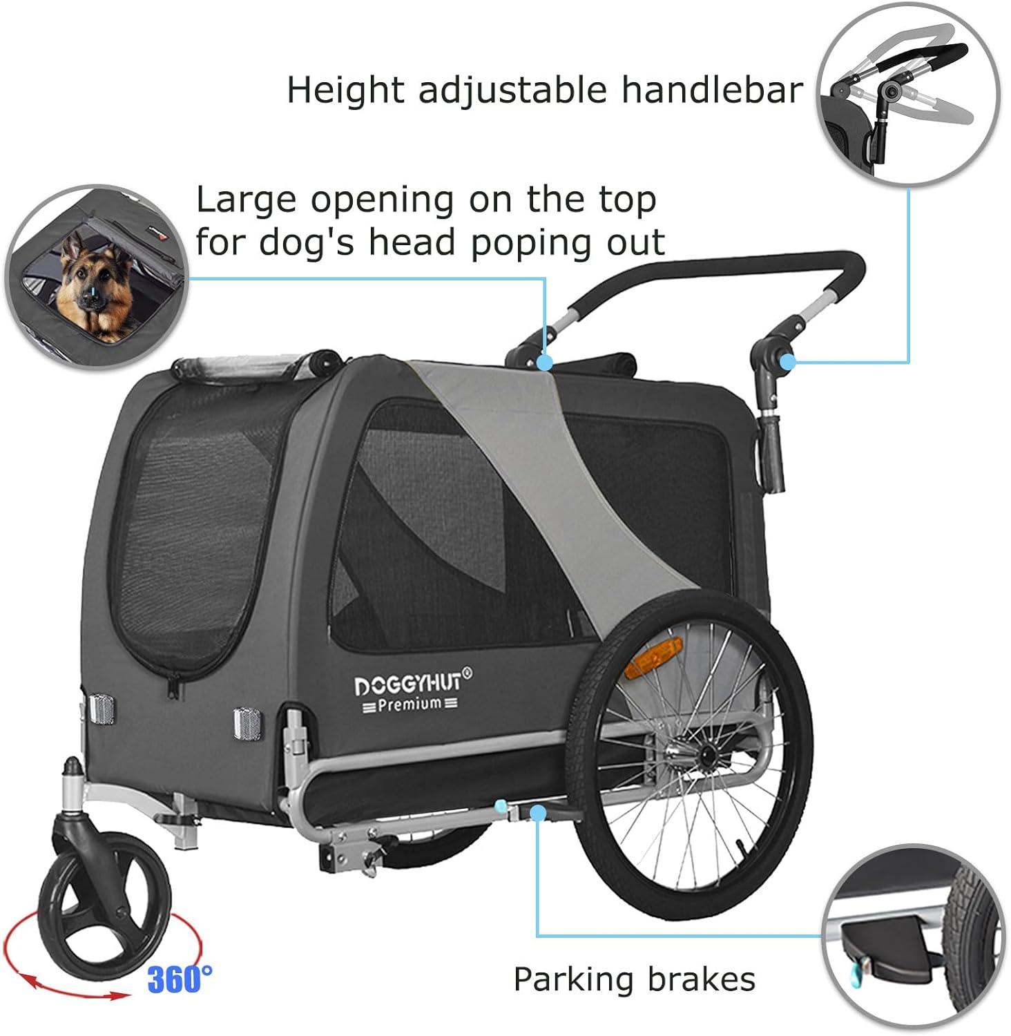 DOGGYHUT Premium XL Pet Bike Trailer & Stroller for Large Sized Dog or Multiple Small Dogs,Low Center of Gravity,Parking Brakes,Easy Folding Frame,Bicycle Carrier