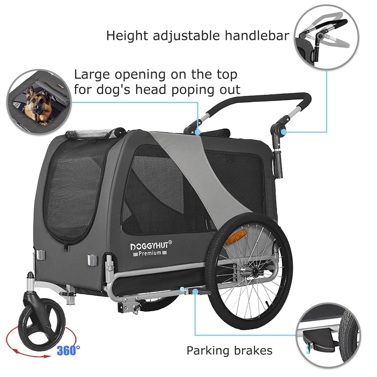 DOGGYHUT Premium XL Pet Bike Trailer & Stroller for Large Sized Dog or Multiple Small Dogs,Low Center of Gravity,Parking Brakes,Easy Folding Frame,Bicycle Carrier