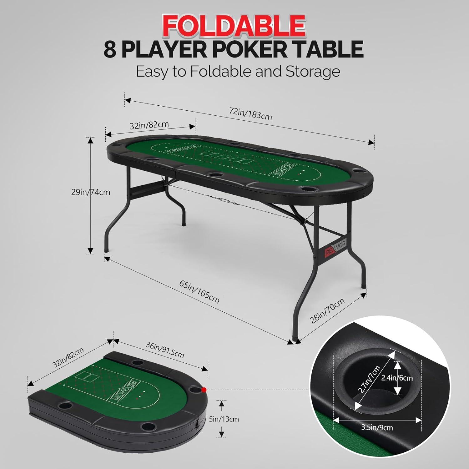 PEXMOR Foldable 8 Player Poker Table, Folding Blackjack Casino Card Game Table with Stainless Steel Cup Holders & Padded Rails, Portable Texas Holdem Poker Table