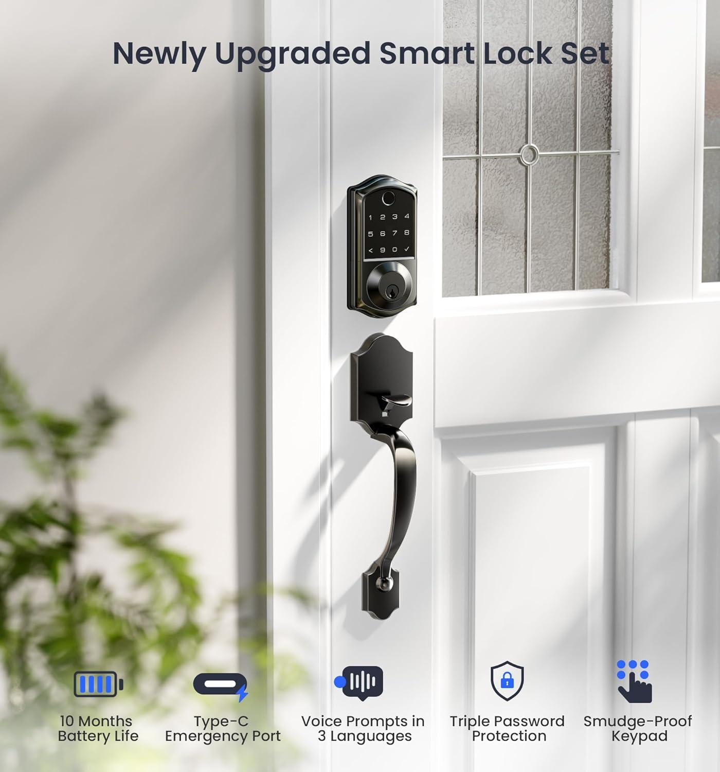 Veise VE017-H Fingerprint Smart Front Door Lock Set, App Control, Keyless Entry Deadbolt with Handle, Smart Deadbolt, Emergency Power Port, Touchscreen Keypad, Auto Lock, Easy Install, Matte Black