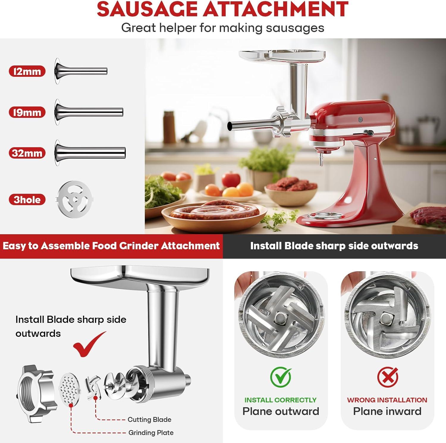 Meat Grinder & Stainless Steel Slicer Shredder Attachment for KitchenAid Stand Mixer, Meat Grinder for Kitchenaid Mixer with Sausage Stuffer Tubes, Cheese Grater Attachment for Kitchenaid Stand Mixer
