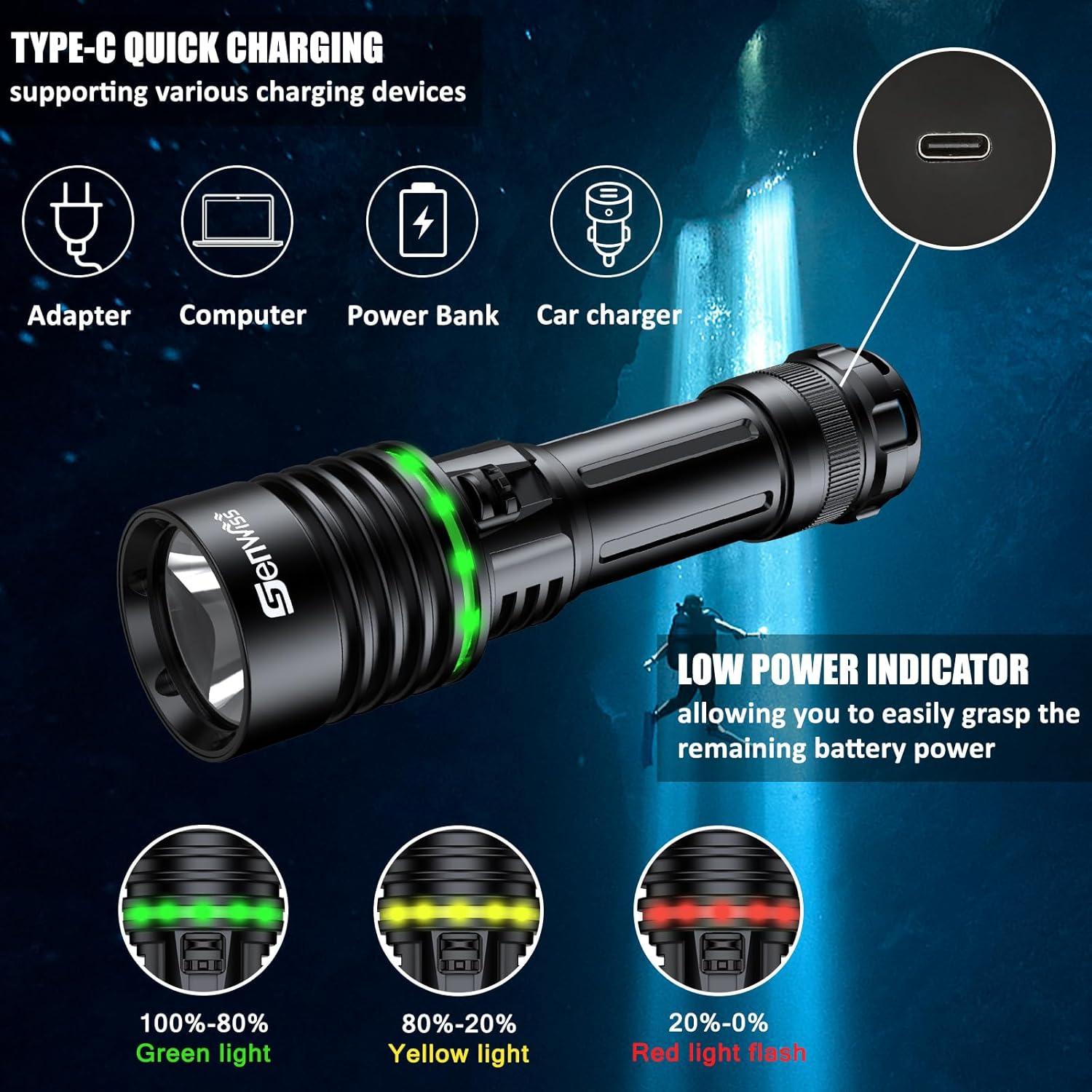 Genwiss Dive Light 2000 Lumen, 150M Waterproof Flashlight, Underwater Flashlight with Type-C Charging, Professional Diving Flashlight for Scuba Diving