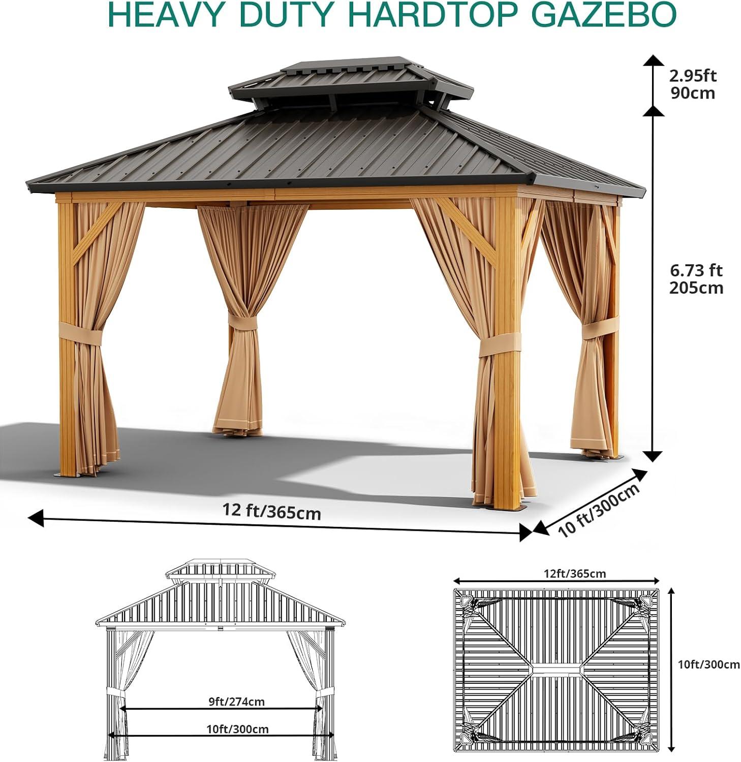 COBIZI 10x12 Hardtop Gazebo Aluminum Gazebos with Galvanized Steel Double Roof Metal Gazebo with Curtains and Netting Permanent Steel Gazebo for Backyard, Garden and Patio, Brown