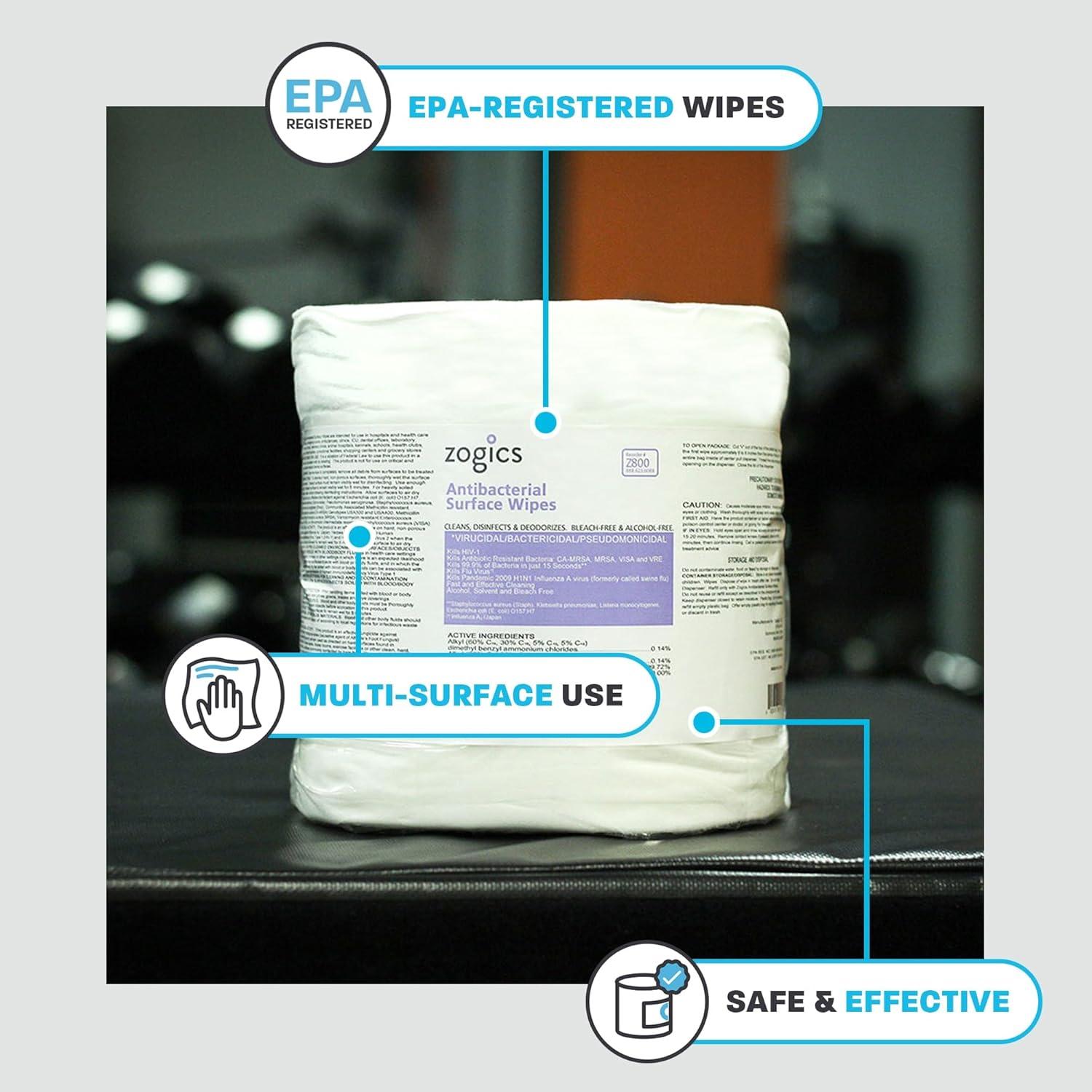 Zogics Antibacterial Bleach-Free Commercial Surface Wipes, 800 Count