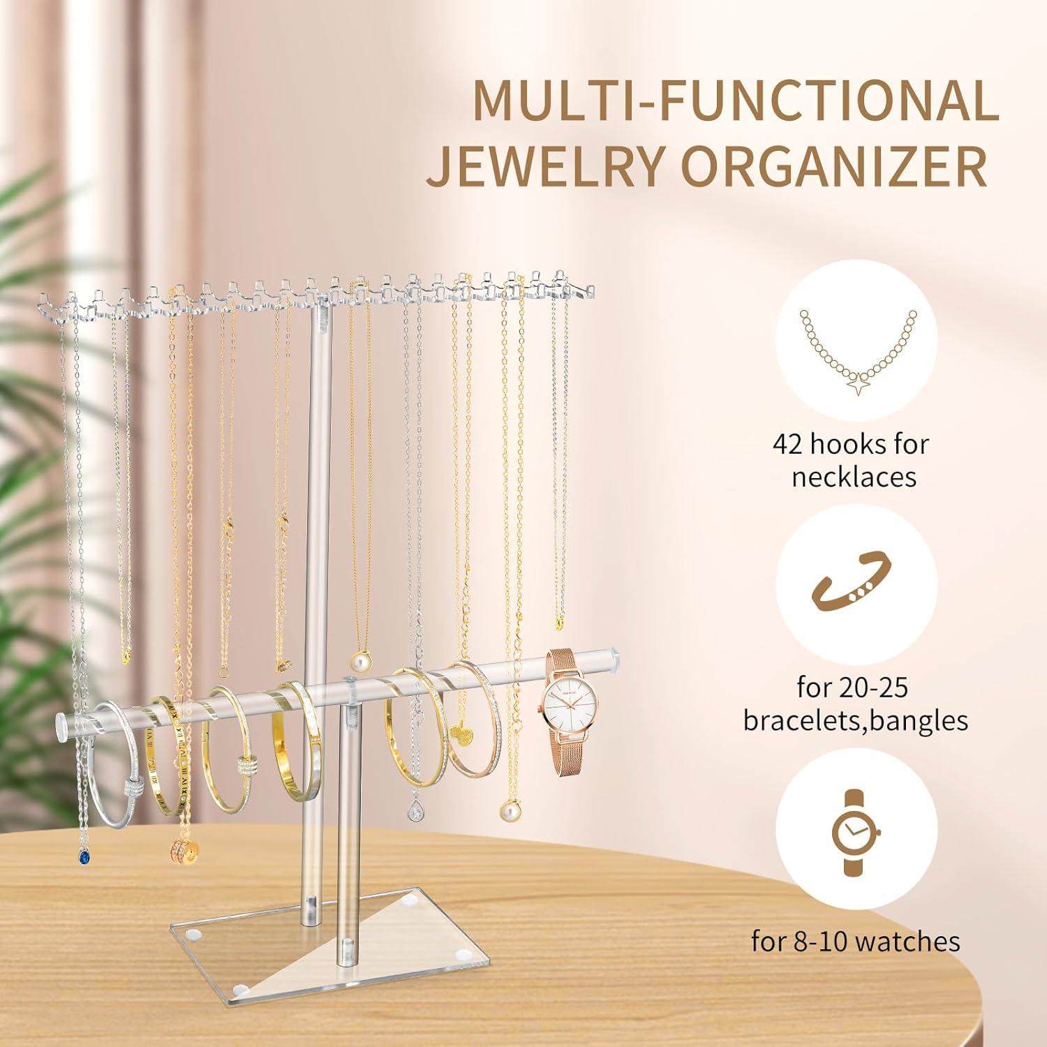 Premium Jewelry Stand , Solid Clear 2-Tier Acrylic Jewelry Organizer Stand & Bracelet holder Stand for Necklace Display, Ring & Watch Display