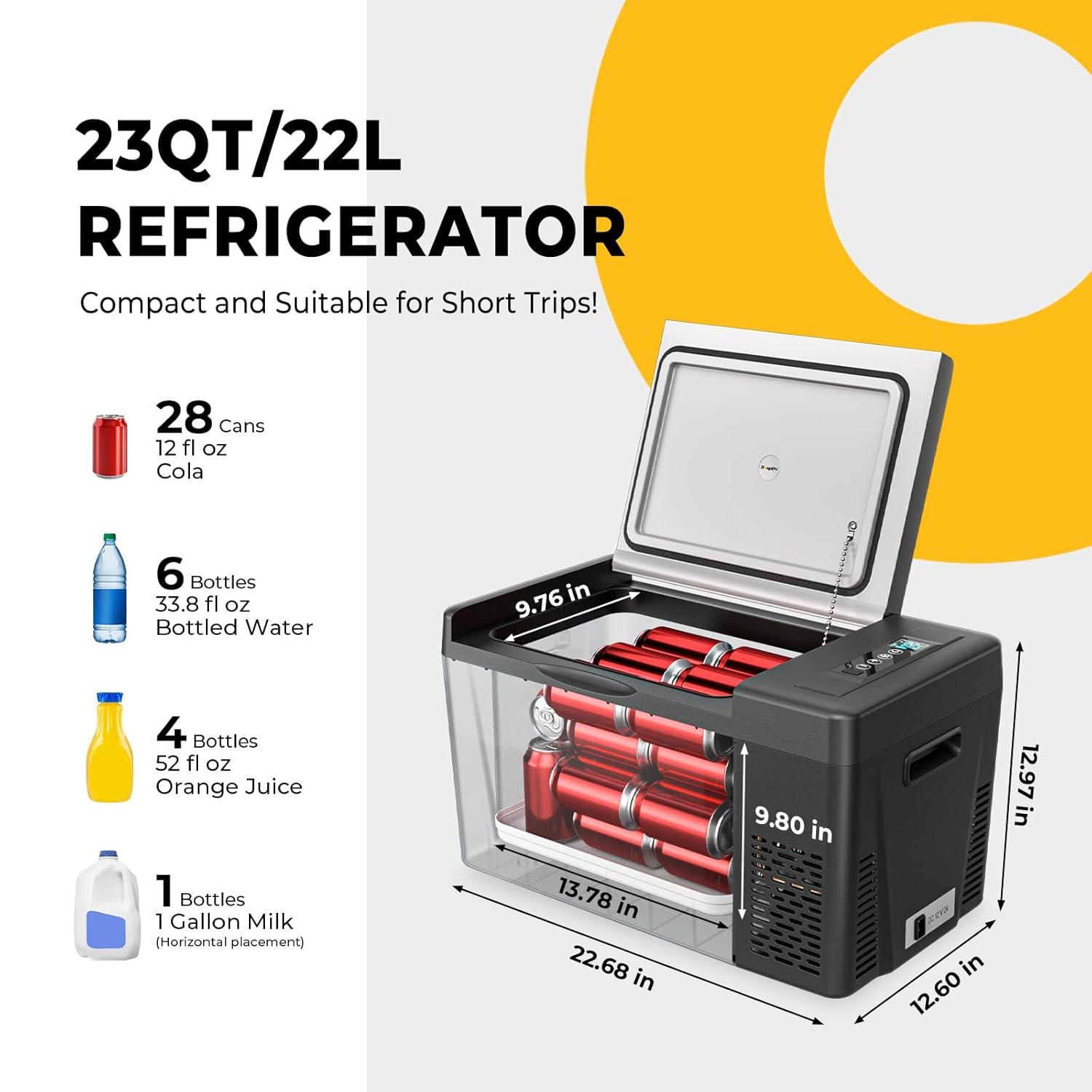 BougeRV Portable Car Refrigerator 23 Qt, 12 Volt Refrigerator Portable Freezer Compressor Cooler with -7℉~50℉ Cooling Range, 12/24V DC 110~240V AC for RV Truck Vehicle Boat Outdoor Use Black