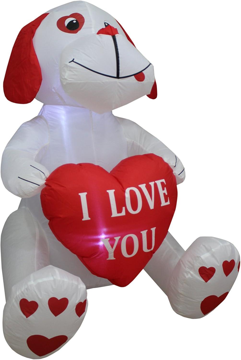 The Holiday Aisle® 4 Foot Tall Lighted Happy Valentine's Inflatable Cute White Puppy Doggy with I Love You Heart Indoor / Outdoor Blow Up Yard Decoration