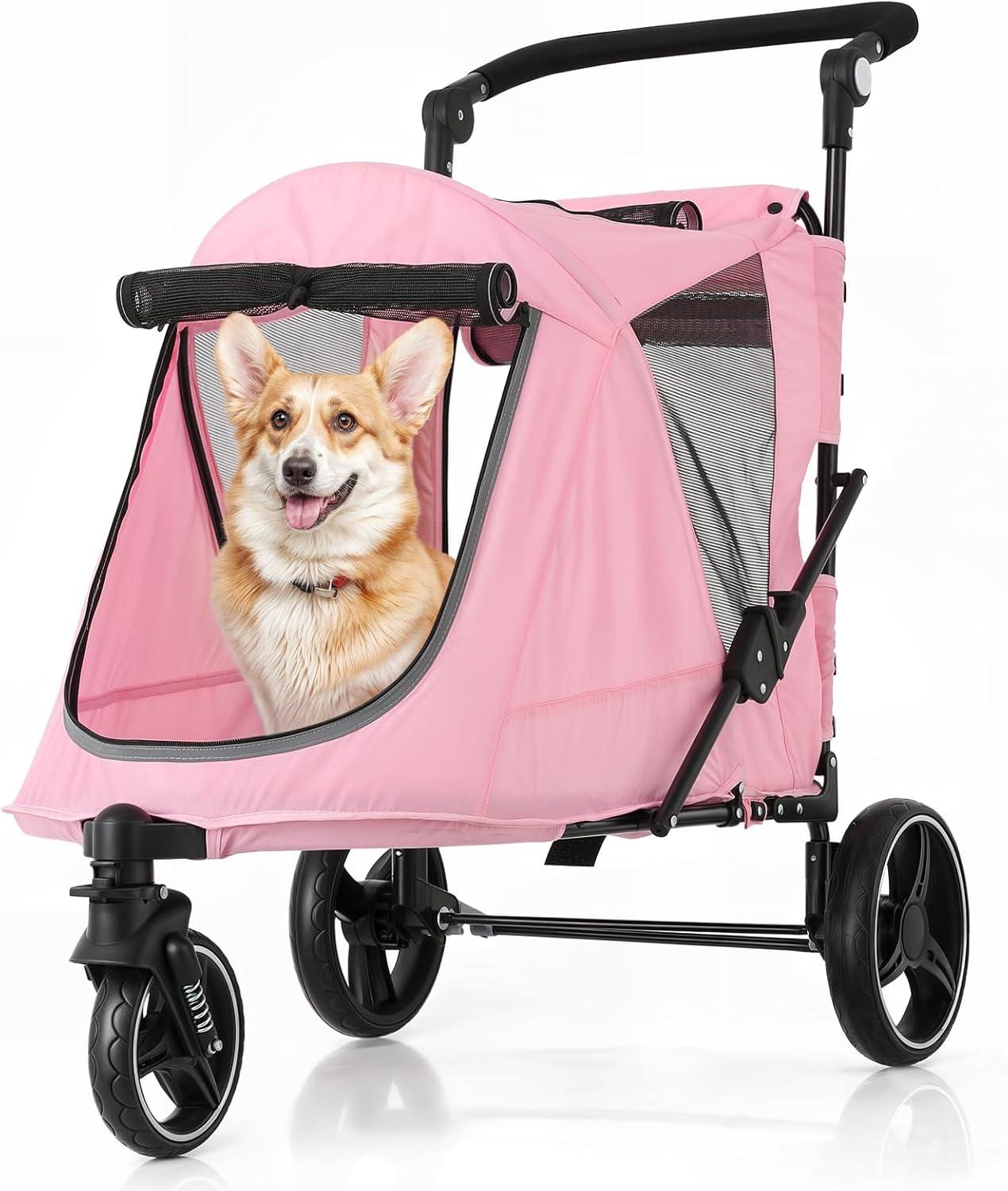 MoNiBloom Folding 3 Wheel Pet Stroller, Foldable Dog Jogger Stroller with Adjustable Handlebar and Mesh Window