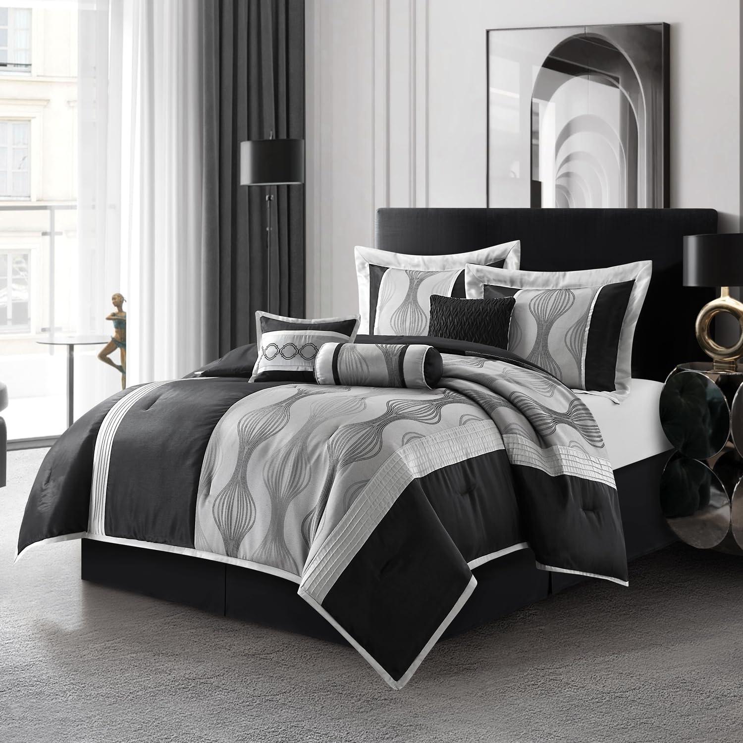 Lanco Black and Silver Comforter Set Queen Size, 7 Pieces Bedding & Collection, Jacquard All Season Comforter & Pillows, Ultra-Soft Microfiber