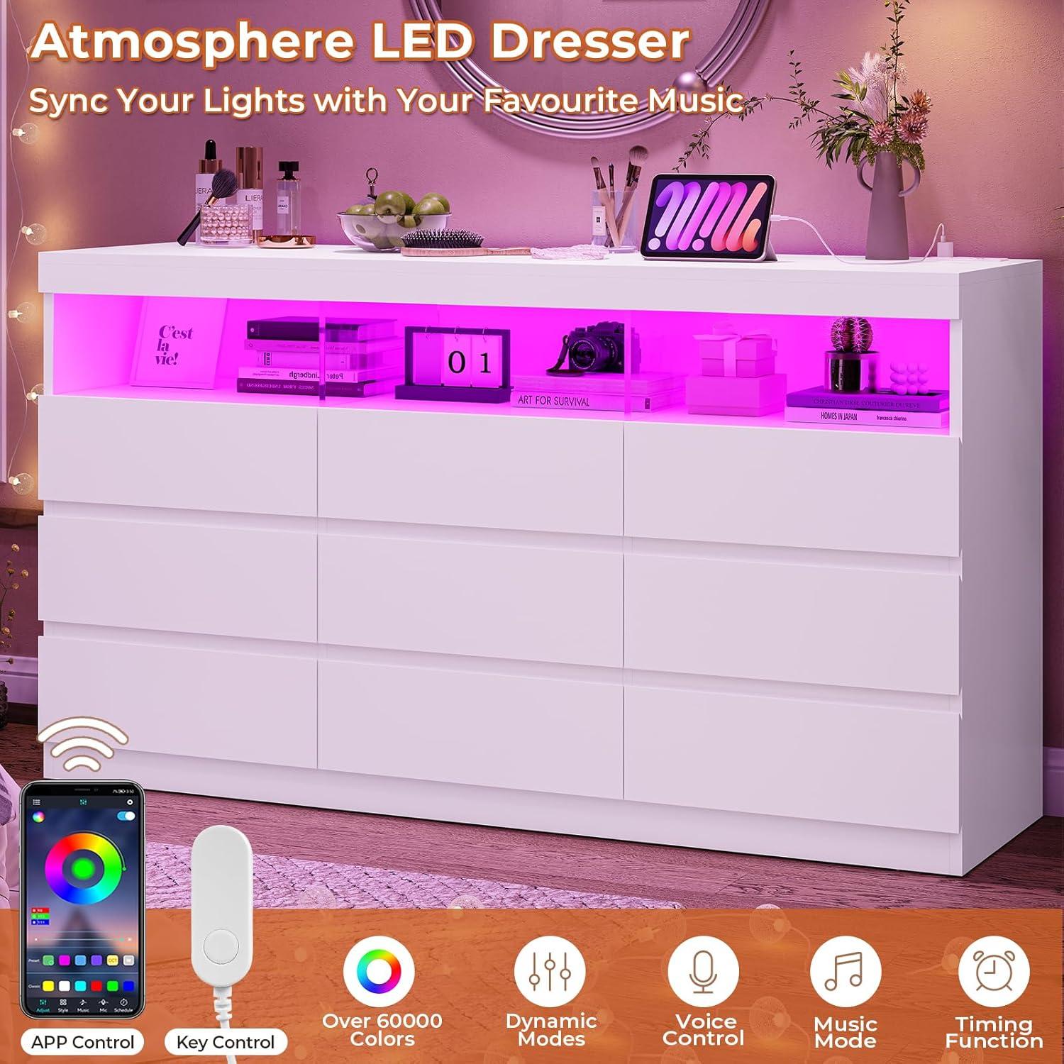 Modern White Double Dresser with LED Lights and Charging Station