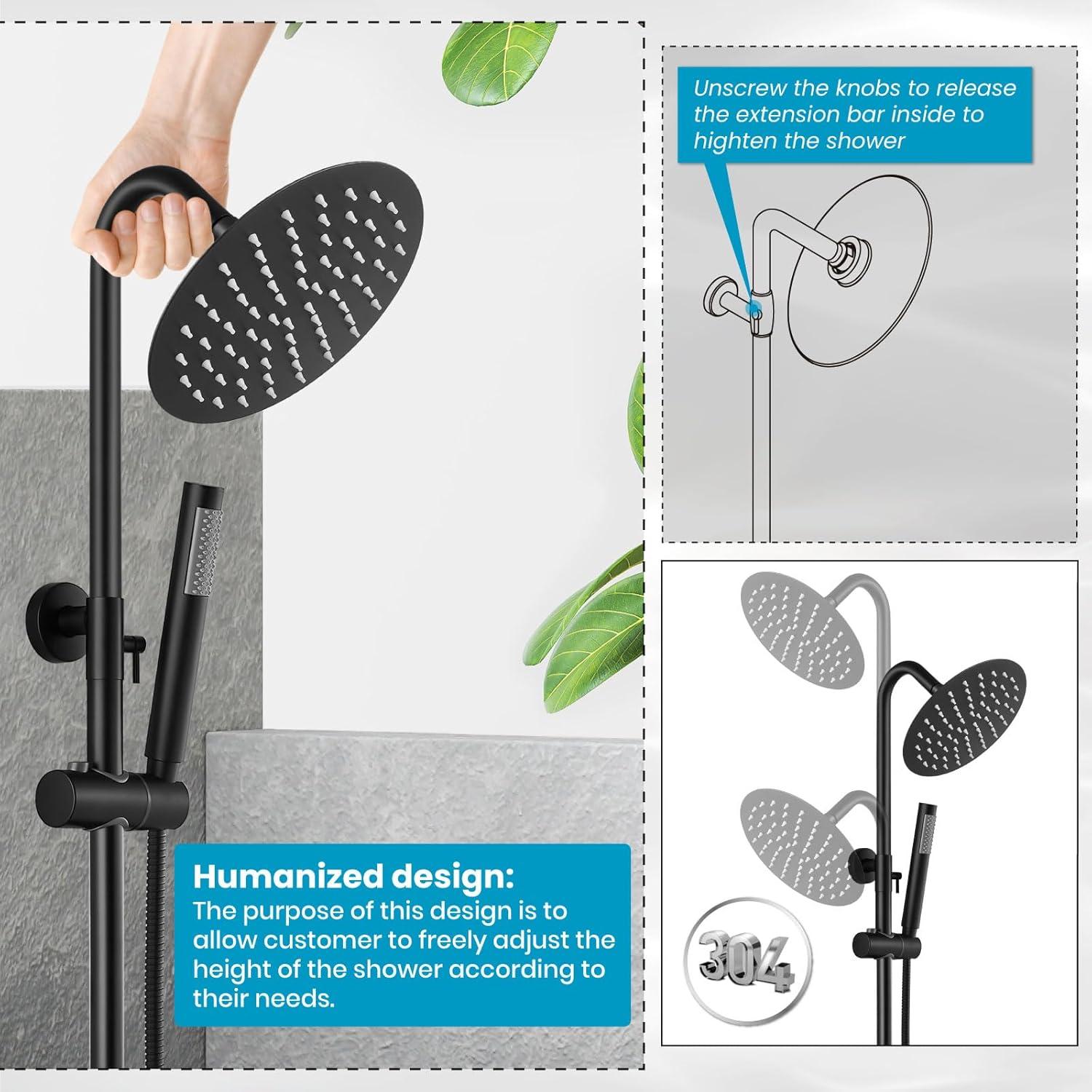 gotonovo SUS304 Outdoor Shower Fixture High Pressure Shower System Wall Mount 2 Dual Function Single Handle Shower Kit with 8 Inch Shower Head and Handheld Spray Shower Faucet Combo, Matte Black
