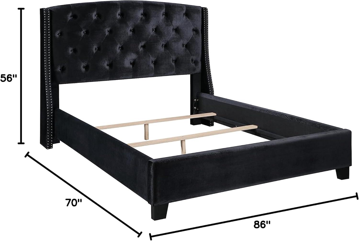 Black Velvet Queen Bed with Tufted Upholstered Headboard and Nailhead Trim