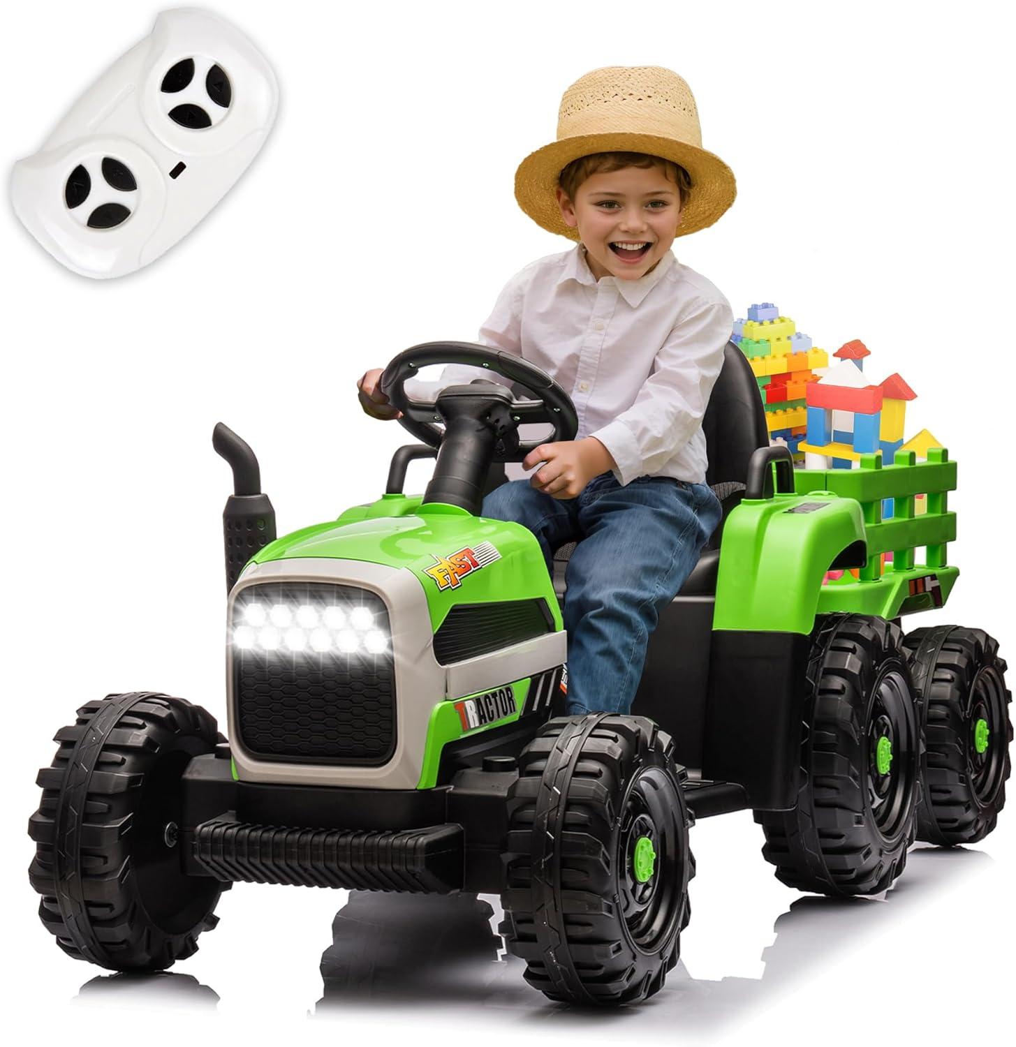 HNH 12V Ride on Tractor with Trailer,12V Battery Powered Electric Tractor Toy with Remote Control,Electric Car for Kids,Three Speed Adjustable,Power Display, Bluetooth,LED Light