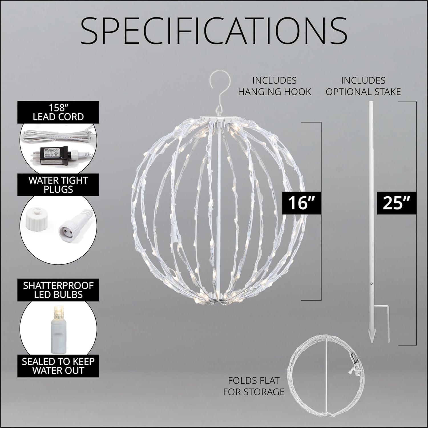 LED Light Ball - Indoor/Outdoor Christmas Light Balls, Light Spheres Outdoor/Sphere Light Fold Flat Metal Frame (16", White Frame/Warm White Lights)