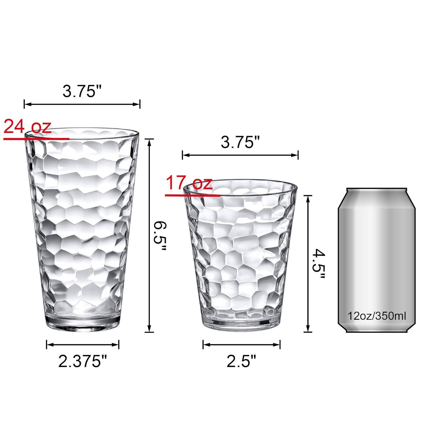 Amazing Abby - Iceberg - 16-Ounce and 24-Ounce Plastic Tumblers (Set of 12), Plastic Drinking Glasses, All-Clear Reusable Plastic Cups, Stackable, BPA-Free, Shatter-Proof, Dishwasher-Safe