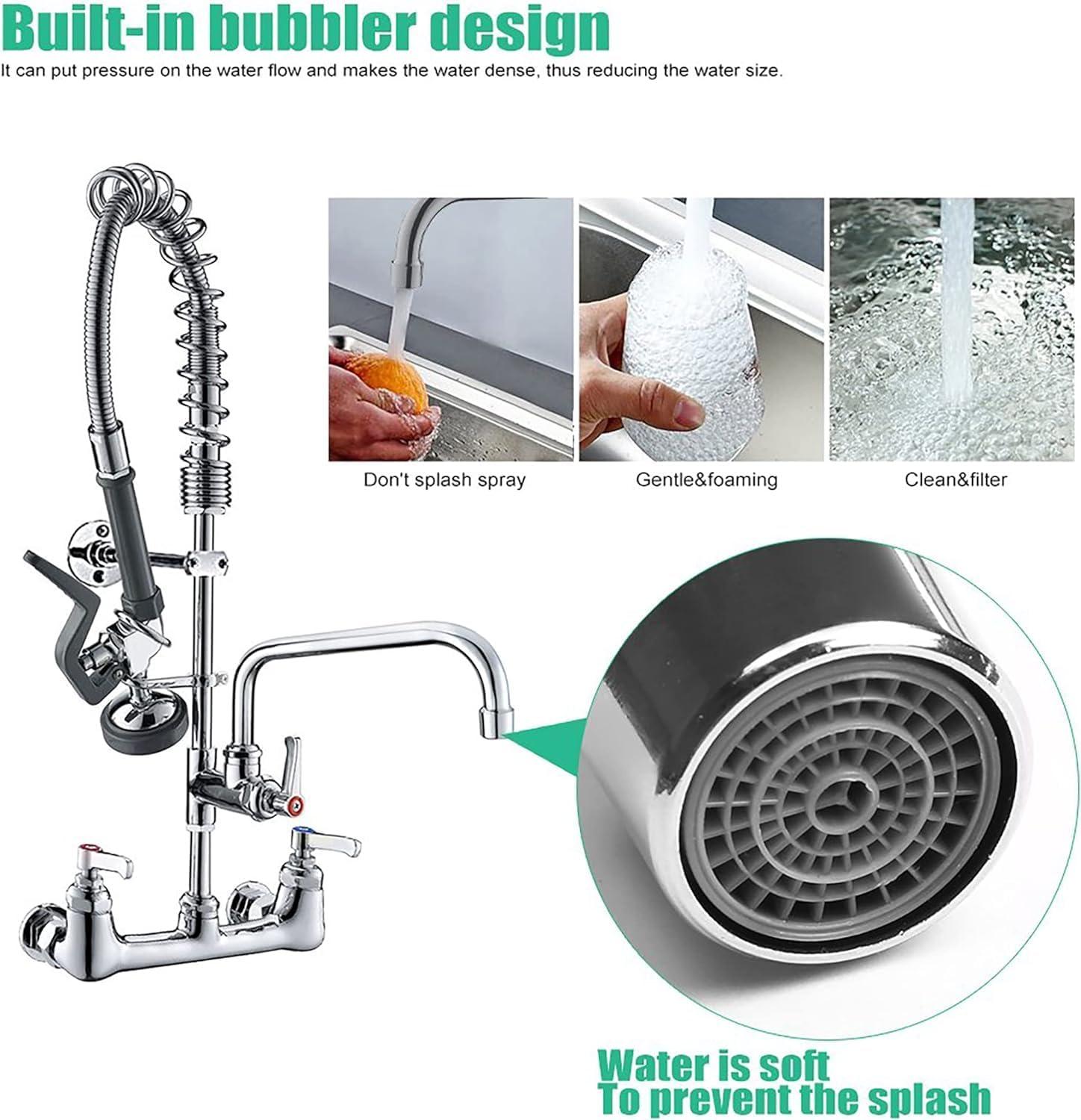 Commercial Wall Mount Kitchen Sink Faucet Brass Constructed Polished Chrome Pre-Rinse Device 25" Height 8" Center with Spring Pull Down Sprayer and 12" Add-on Spout (25 inches)