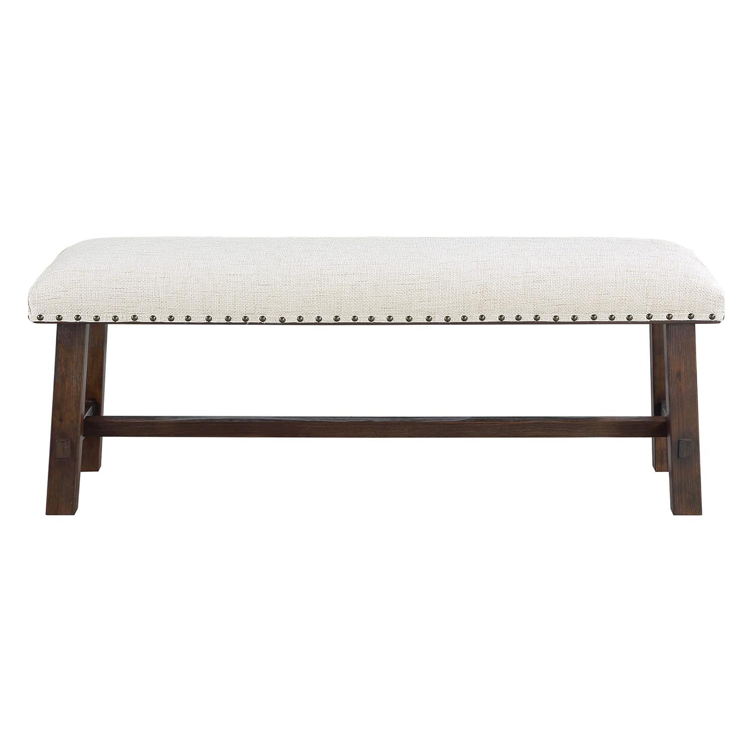 Callen Bench with Walnut Frame and Bronze Nailhead Trim in Linen White Fabric