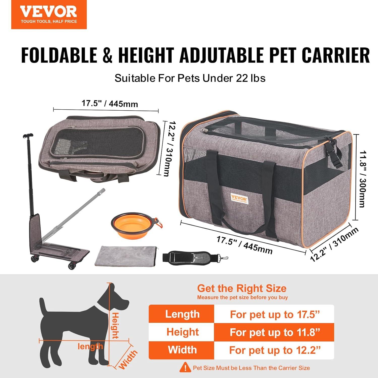 VEVOR Cat Carrier with Wheels Rolling Pet Carrier with Telescopic Handle and Shoulder Strap 0-22LBS