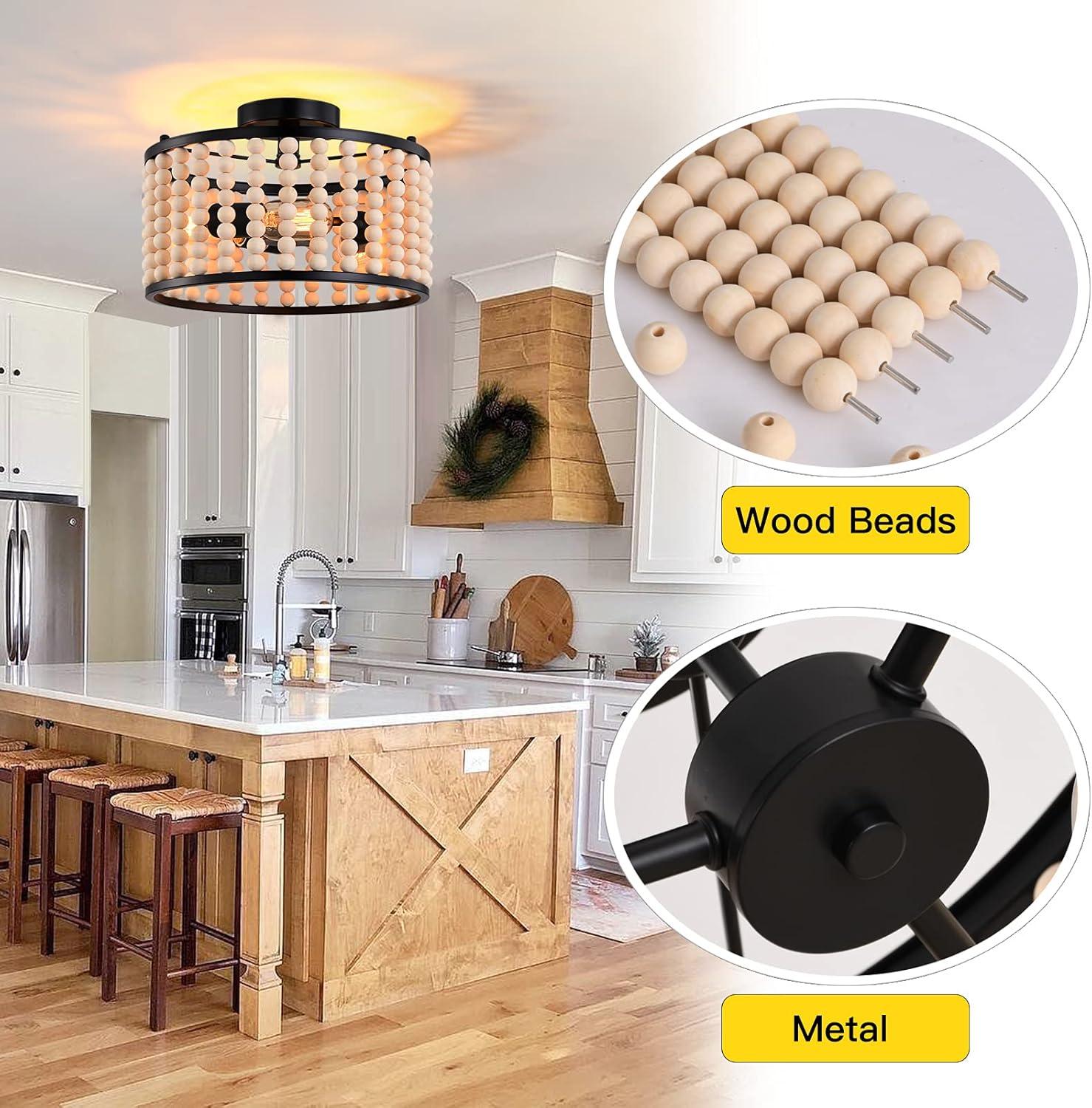 Farmhouse Boho Light Fixture, 3-Light Wood Beaded Chandelier, Black Semi Flush Mount Ceiling Light for Dining Room, Kitchen, Hallway, Bedroom, Living Room