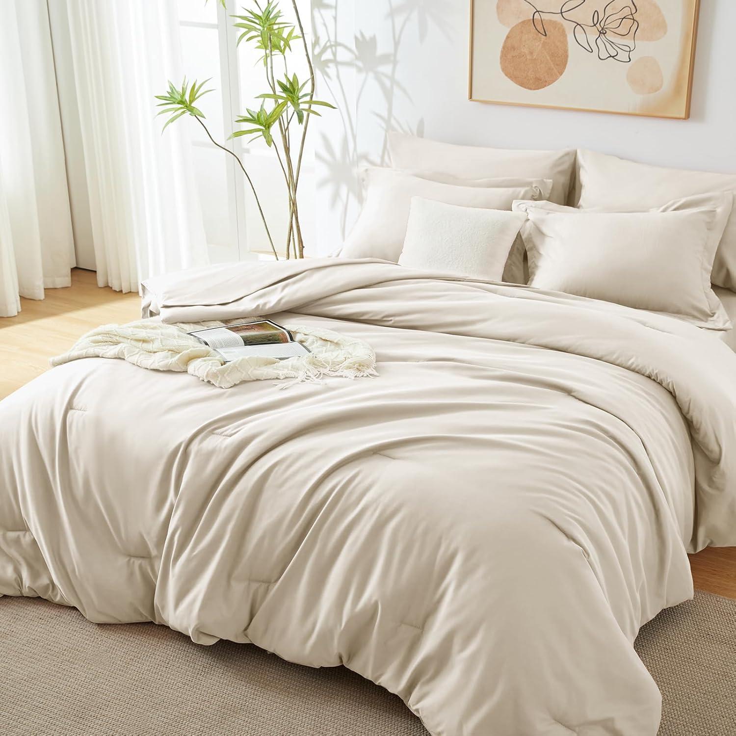 CozyLux Queen Comforter Set Beige, 7 Pieces Bed in a Bag Soft Bedding Comforter Set with Sheets, All Season Boho 7PC Bed Sets with Comforter, Fitted Sheets, Flat Sheets, Pillow Shams and Pillowcases