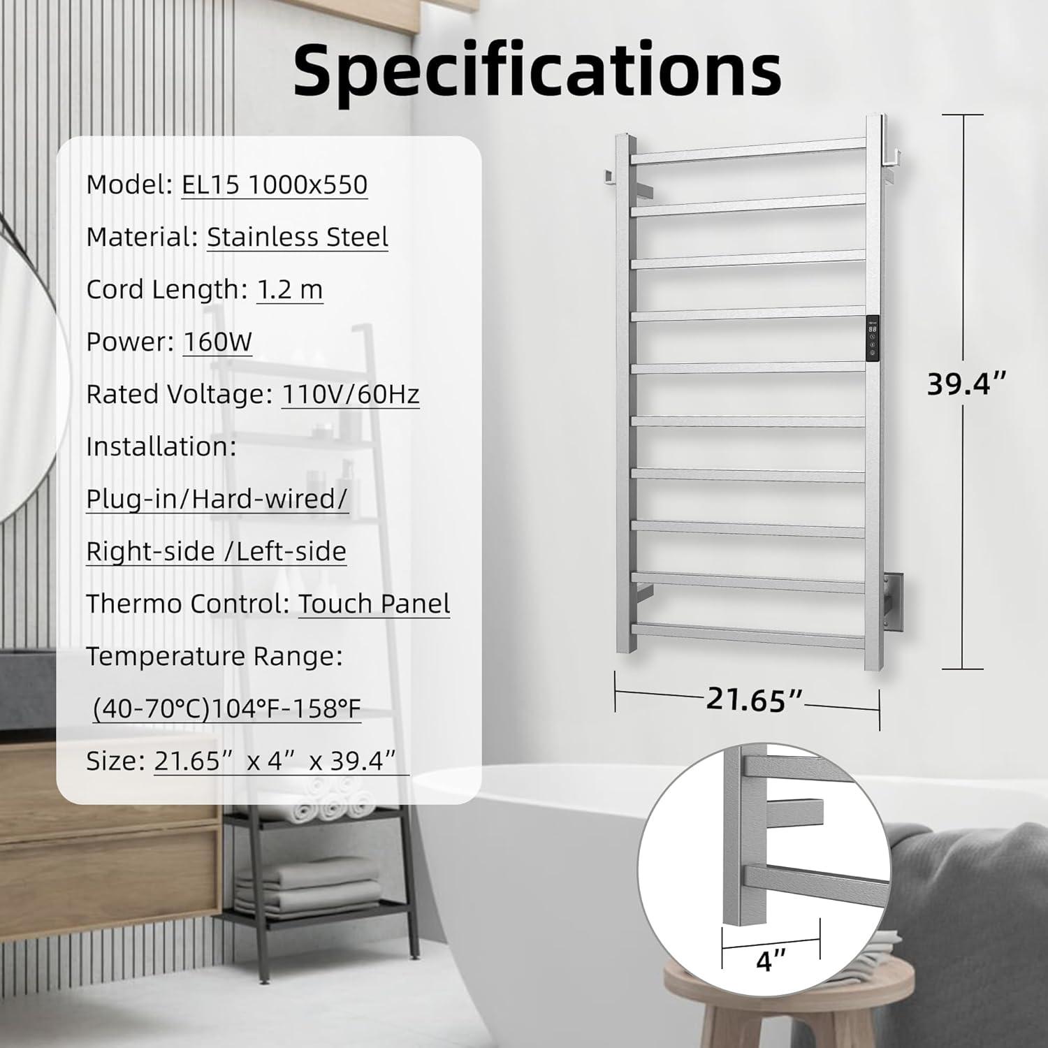 P&Bhusri Towel Warmer, 10-Bar Heated Towel Rack for Bathroom, Electric Towel Warmer with Timer & Temperature Multi-Level Adjustments, Brushed, Plug-in/Hard-Wired