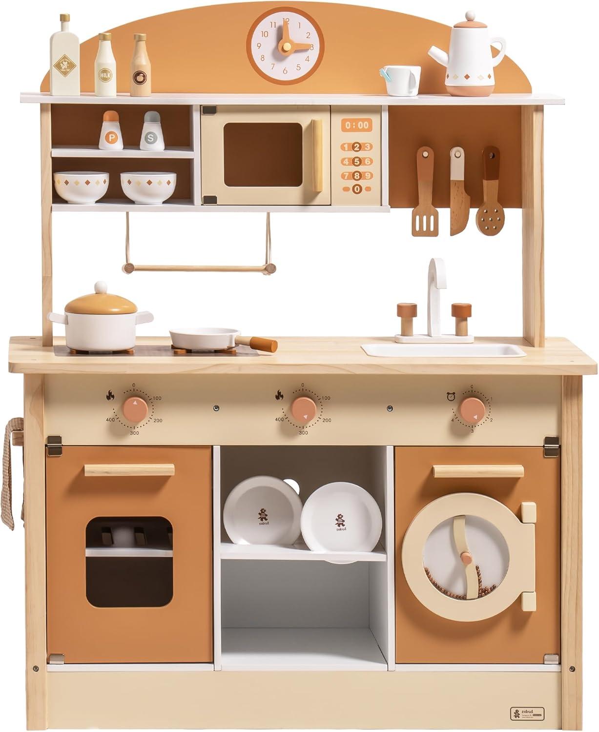 ROBUD Solid Wood Play Kitchen & Accessories Set, Preschool Kitchen Set, Kids Kitchen Playset