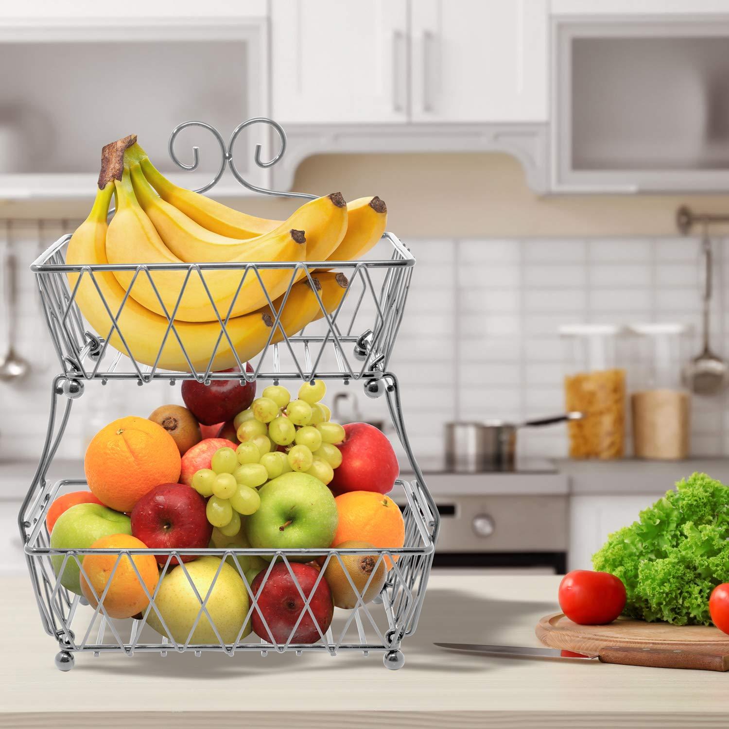 2-Tier Fruit Bread Basket Display Stand, Counter Storage for Kitchen, Bathroom, Rectangular Antique Metal