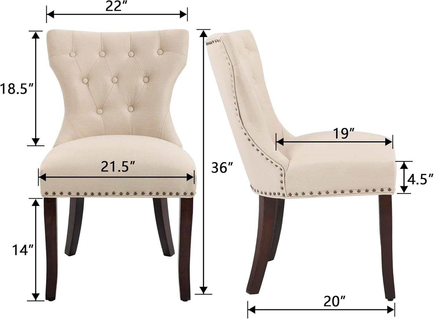 Beige Upholstered Tufted Side Chairs with Nailhead Trim, Set of 2