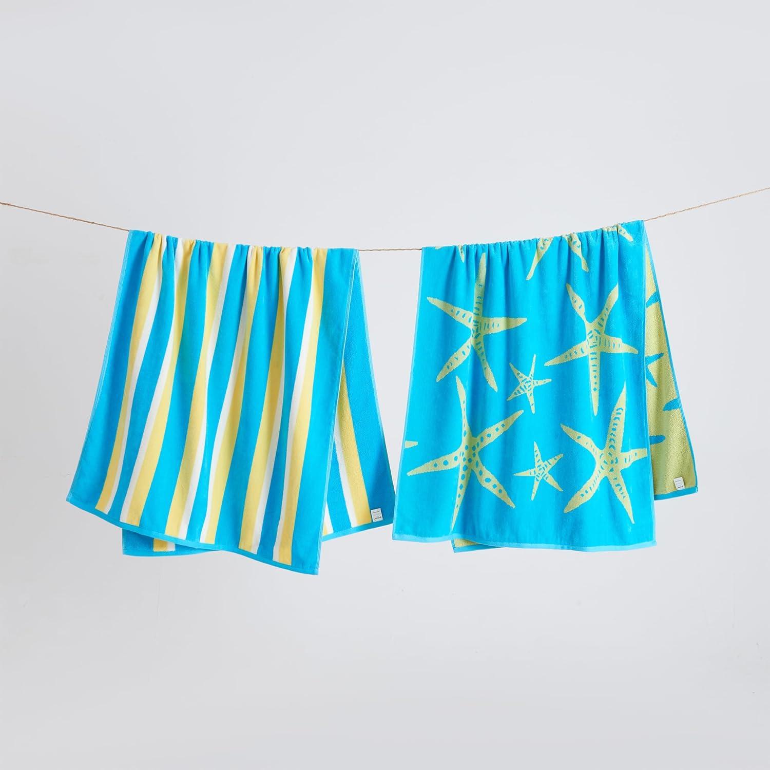 2pk 30" x 60" Yellow Starfish and Stripe Cotton Beach Towels - Great Bay Home