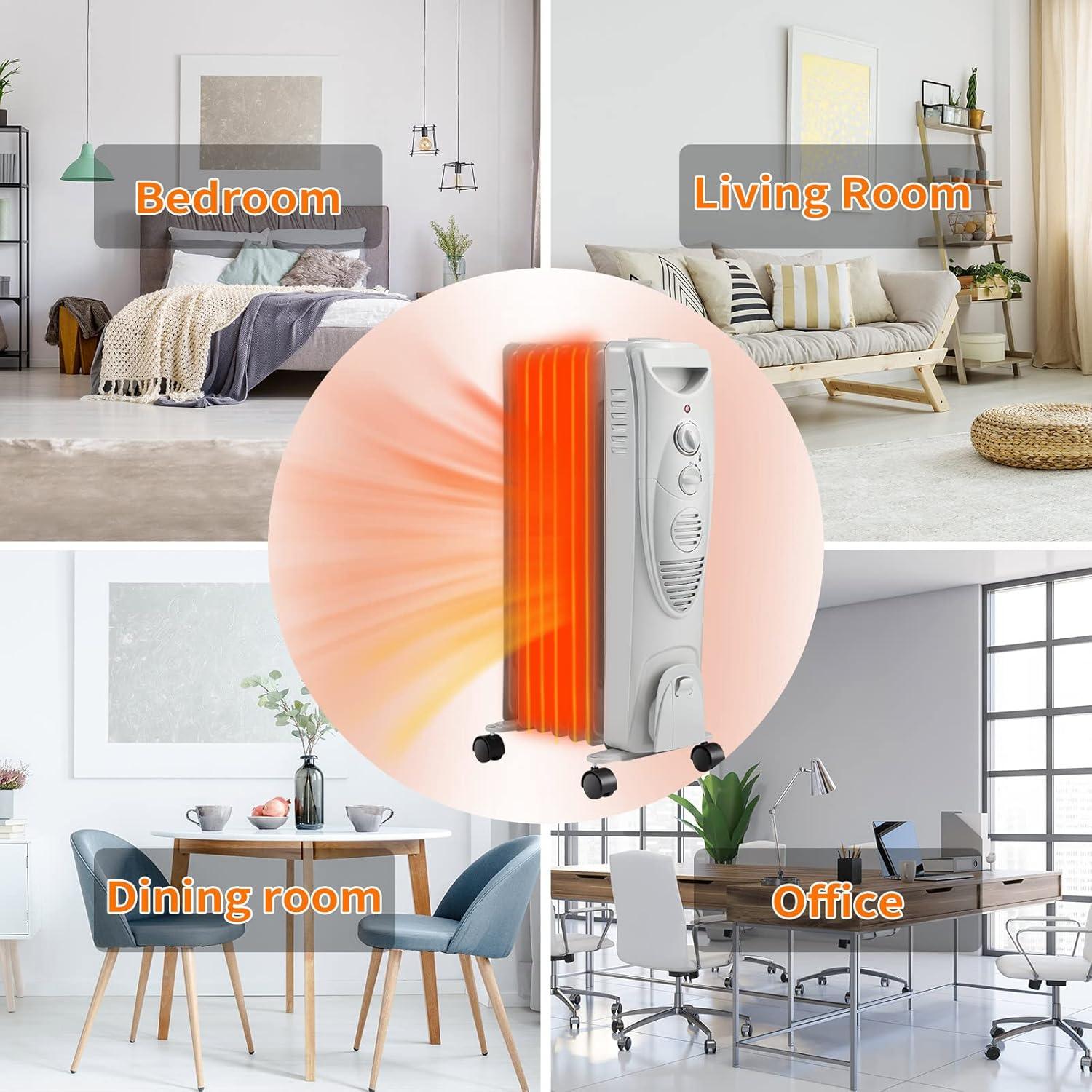 ZAFRO Oil Filled Radiator Heater, 1500W Portable Space Heater with Adjustable Thermostat, Oil Heater with 3 Heat Settings, with Tip-Over & Overheat Protection for Indoor, Room, Office and Home Grey