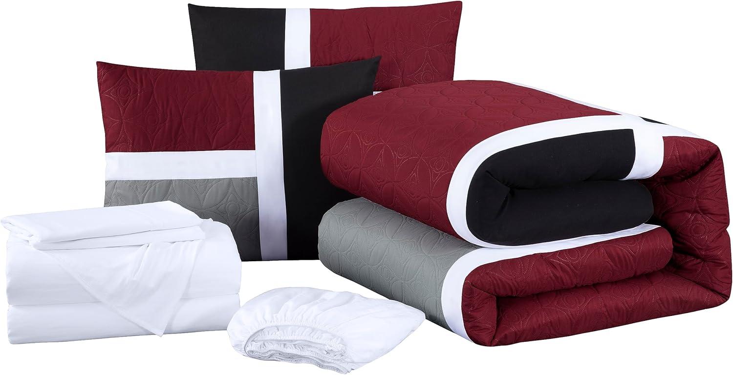 Chezmoi Collection Bernard 7-Piece King Bed in a Bag Comforter Set with Sheets, Lightweight Comforter Red Gray Black Patchwork Quilted Medallion Bedding Set for All Season