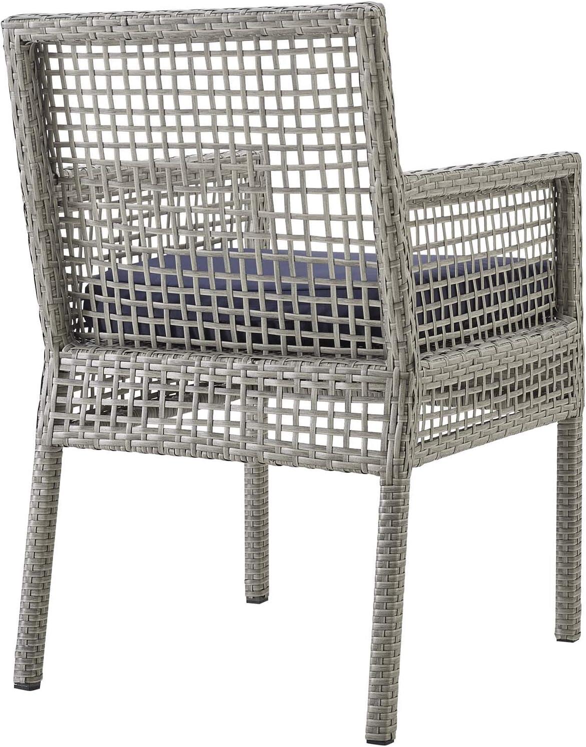 Gray Wicker Rattan Outdoor Dining Chairs with Navy Cushions