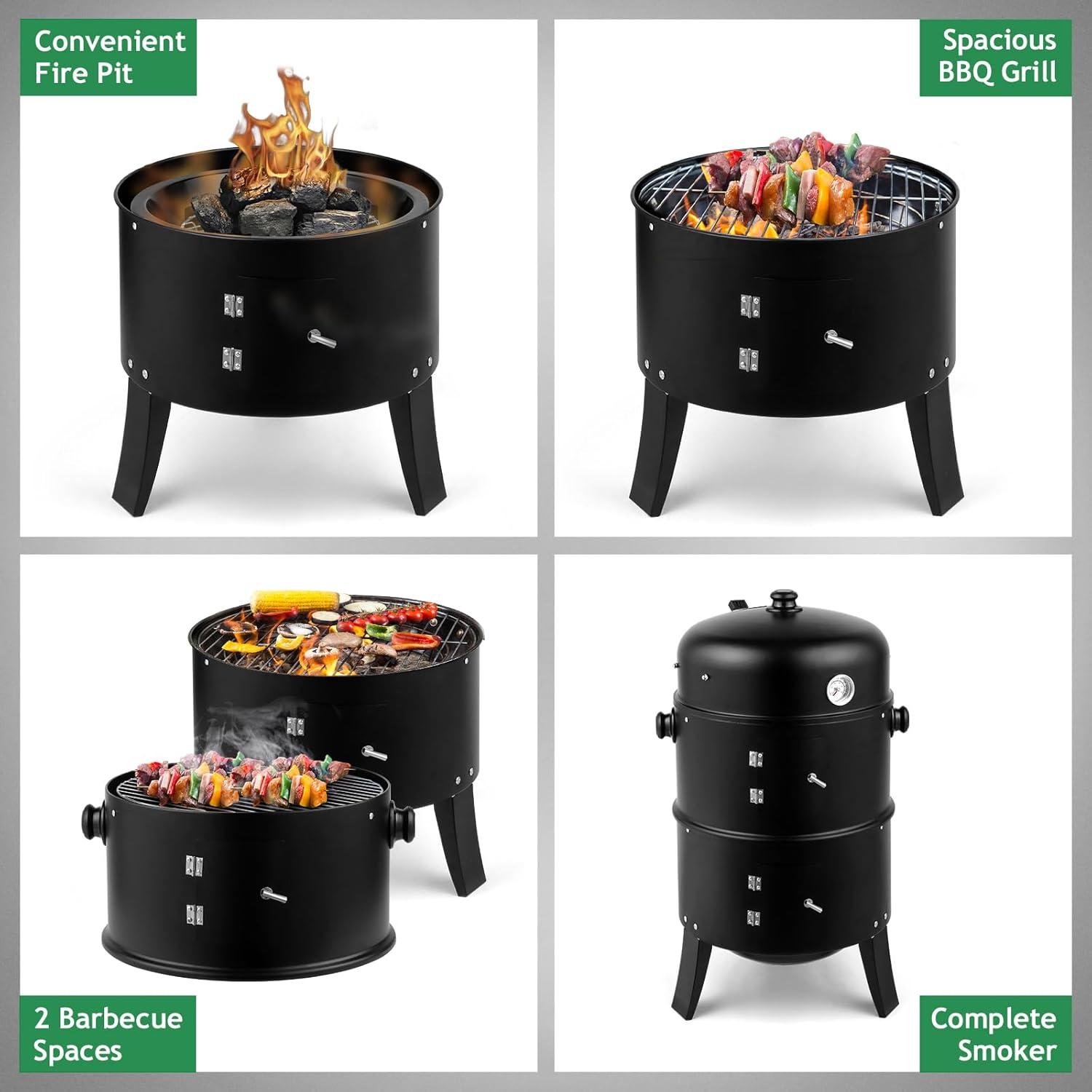 Yunwen 31.5" Charcoal Smoker Grill 3-in-1 Vertical Heavy Duty Charcoal BBQ Smoker Grill