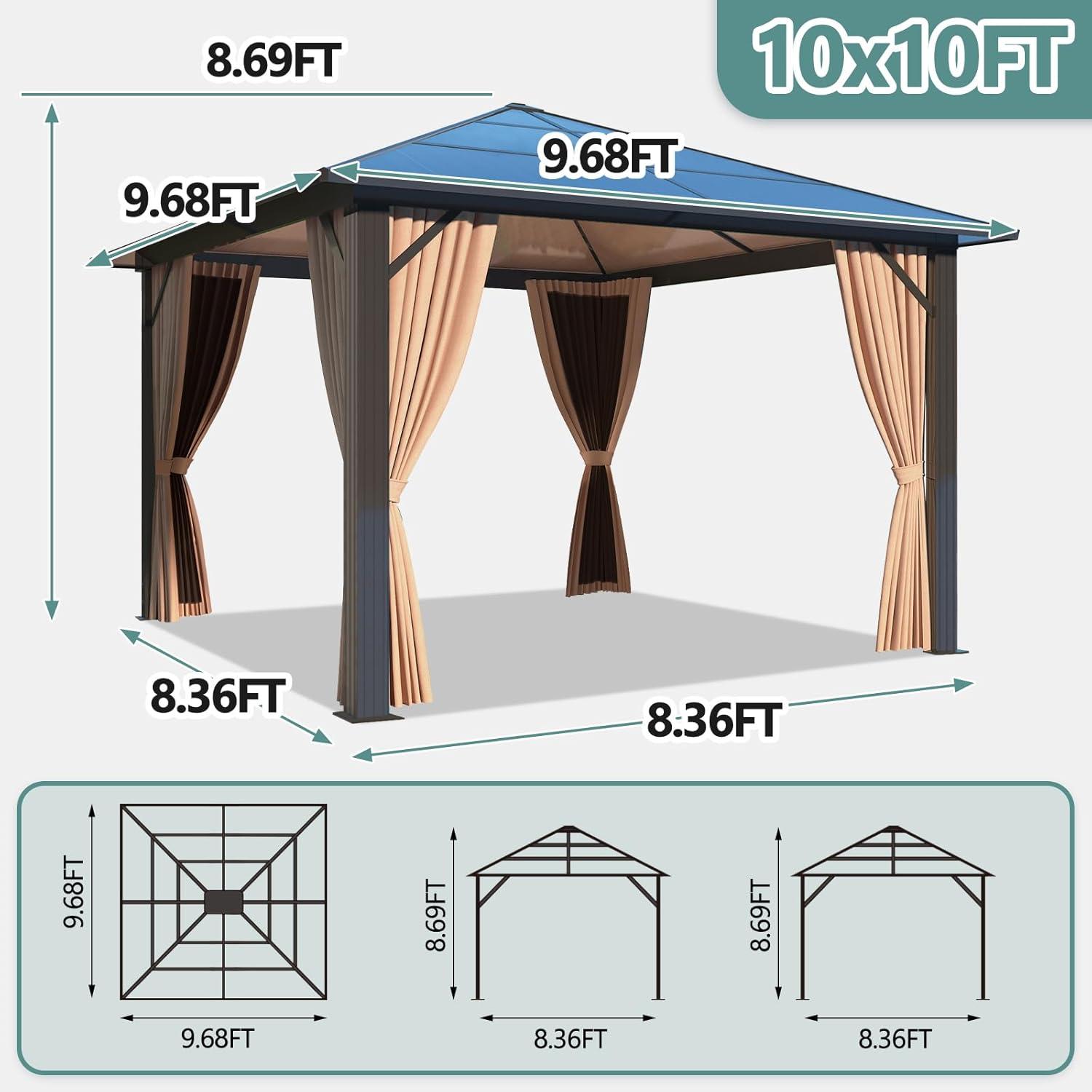 JolyDale 10 ft. x 10 ft. Patio Hardtop Gazebo, Outdoor Aluminum Frame Canopy with Netting and Curtain for Garden, Patio, Lawns, Brown