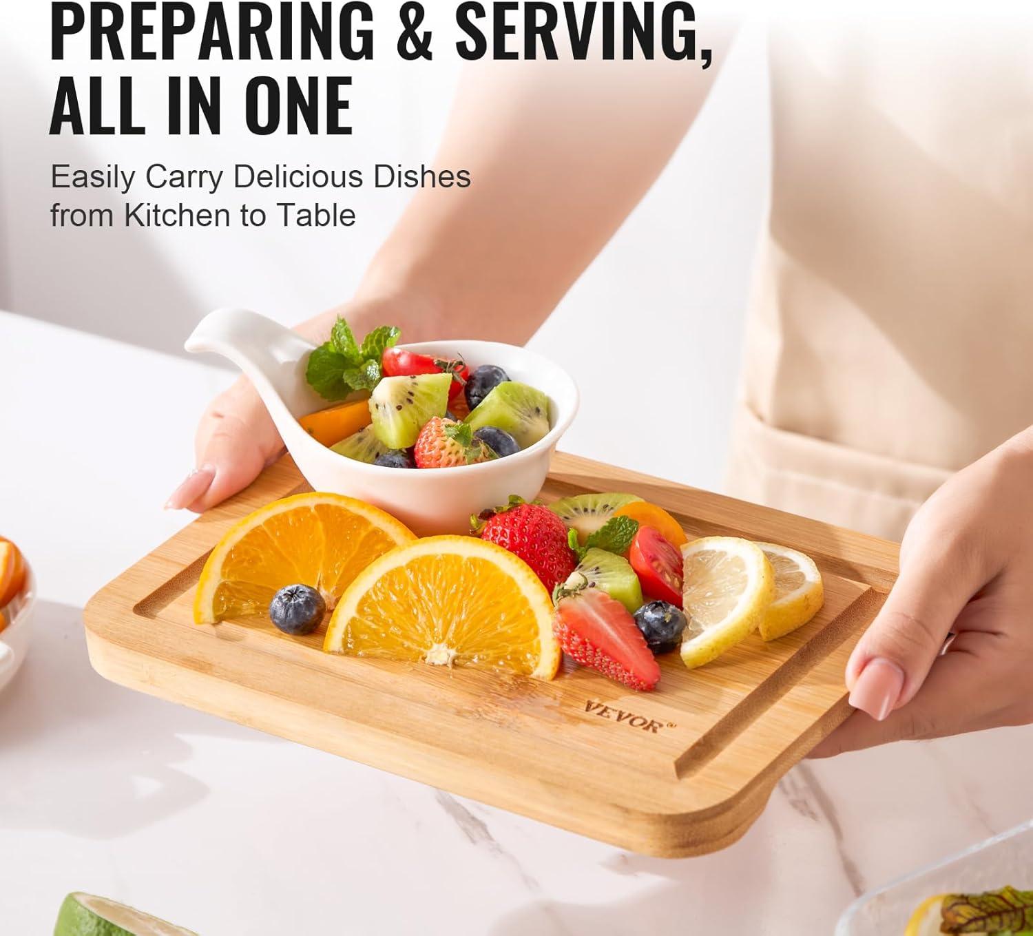 VEVOR Cutting Board 3 Pieces, Premium Versatile Bamboo Cutting Board, Food-Grade Oil and Juice Groove,Sturdy Durable Chopping Board, Built-in Handle, Wooden Cutting Board for Display Chopping Serving