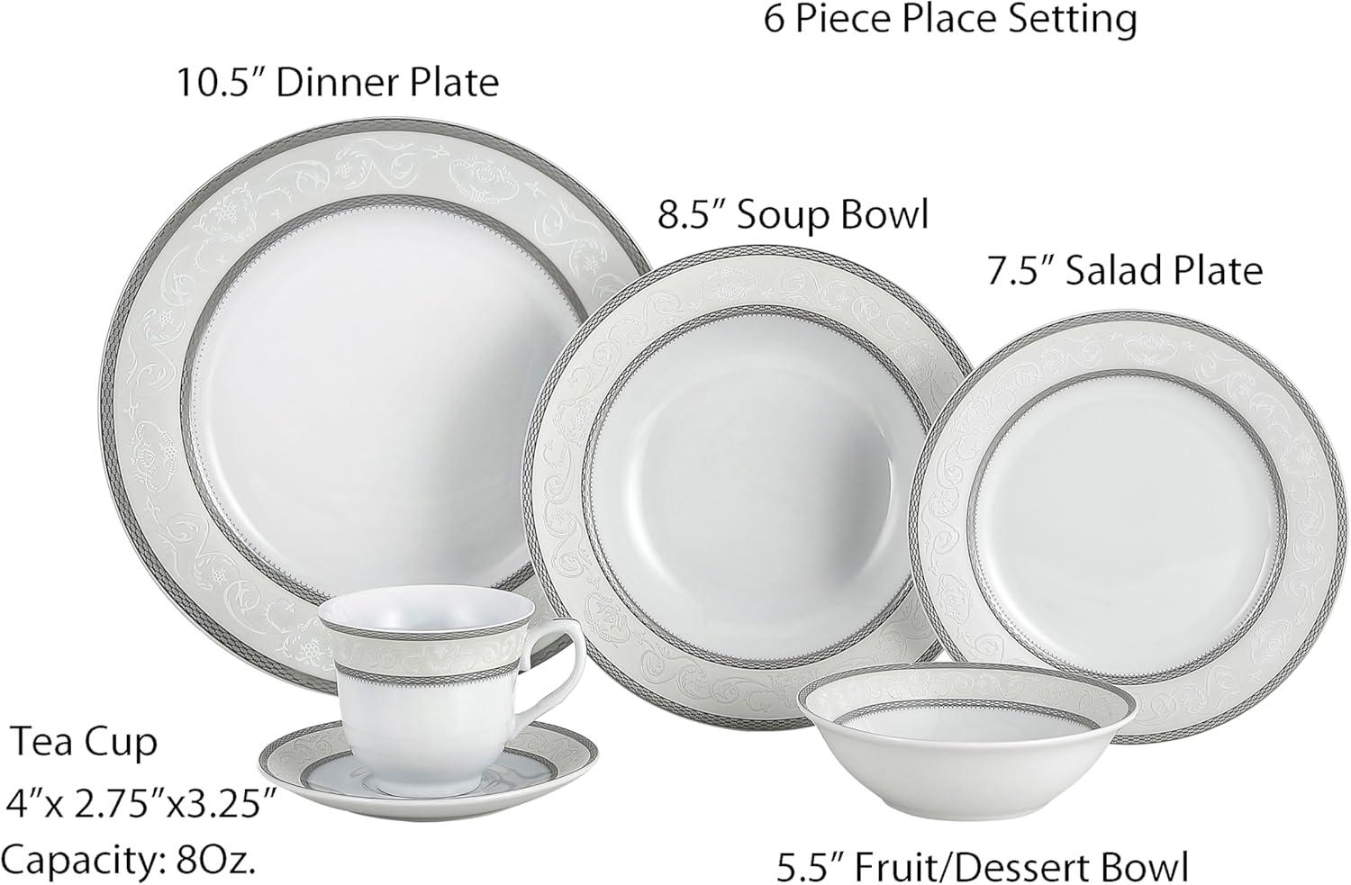 Silver Floral Porcelain 24-Piece Dinnerware Set, Service for 4