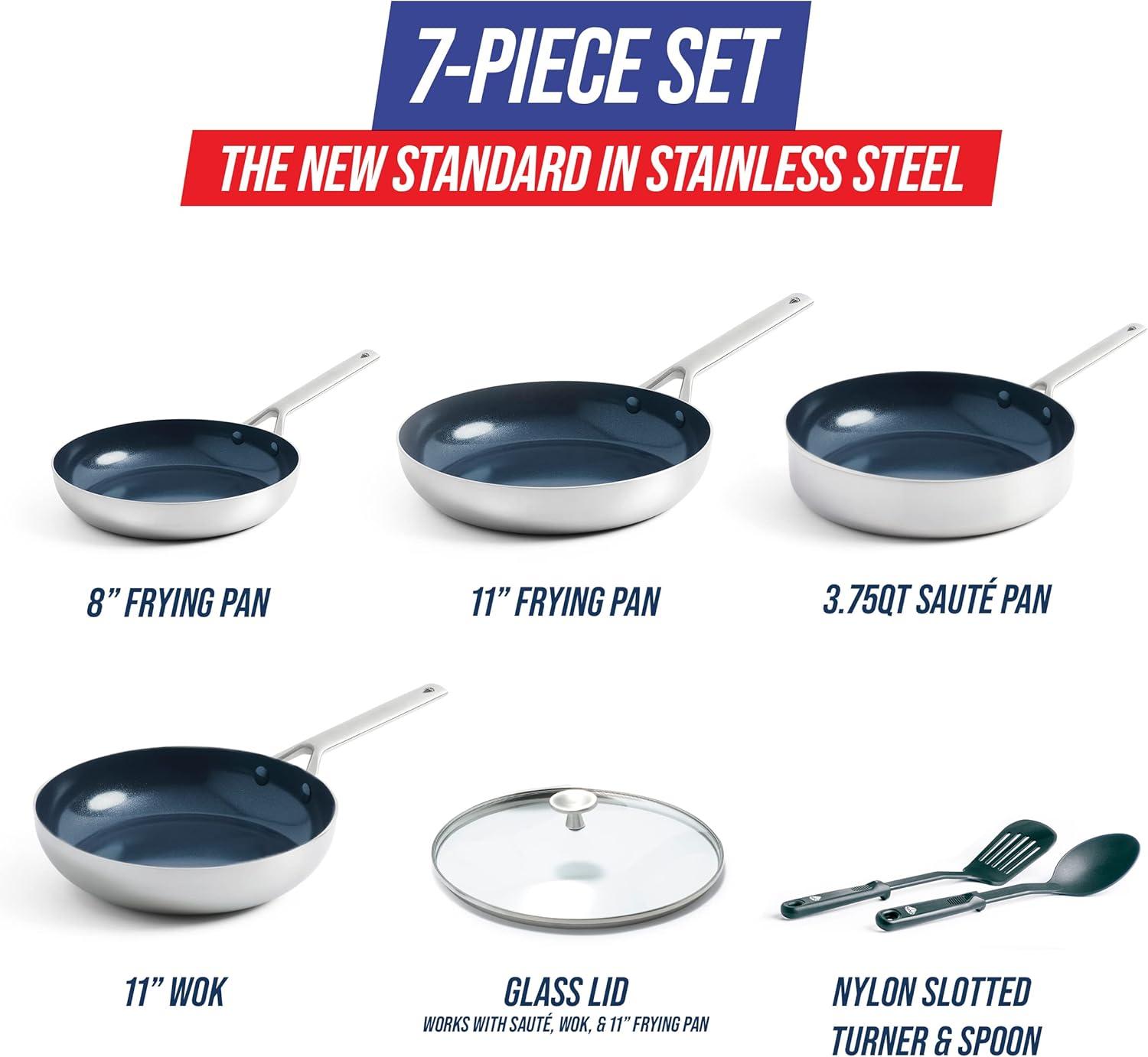 Blue Diamond Cookware Triple Steel Ceramic Nonstick Stainless Steel Cookware Pots and Pans Set, 7 Piece