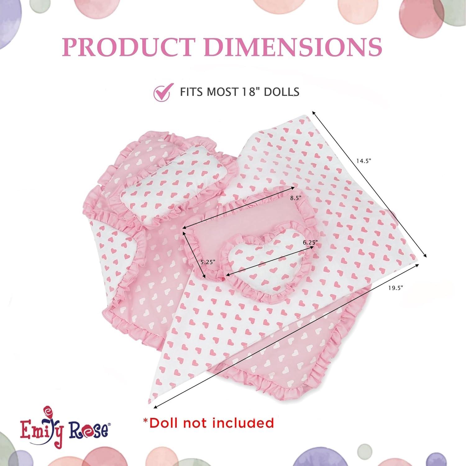 Emily Rose 18-Inch Doll Reverisble Pink Hearts 5-PC Bedding Bundle Set for Toy Beds Bunks Cribs & Cradles | Fits 15" - 18" Doll Bunkbeds - Blanket Pillows Accessories Bed Playset | USA Business