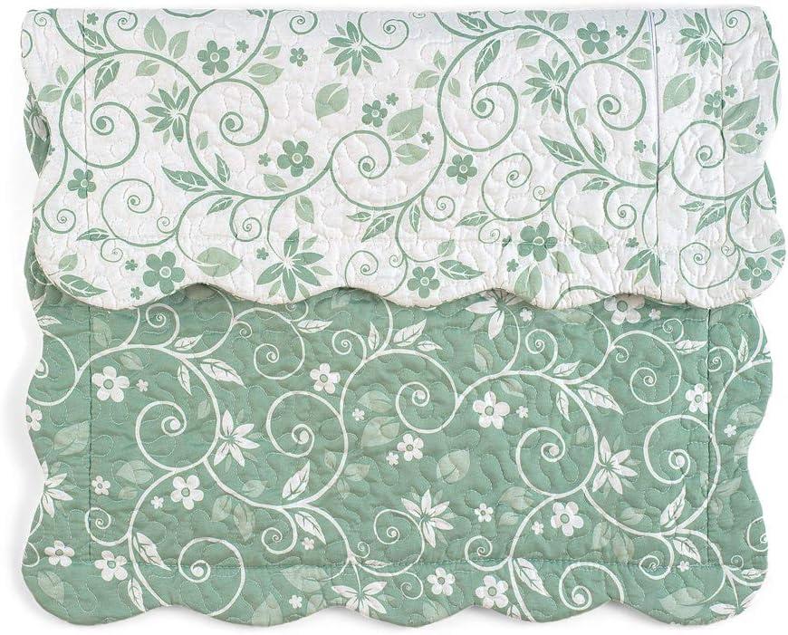 Collections Etc Floral Scroll Two-Tone with Scalloped Edges Reversible Pillow Sham, Sage, Sham