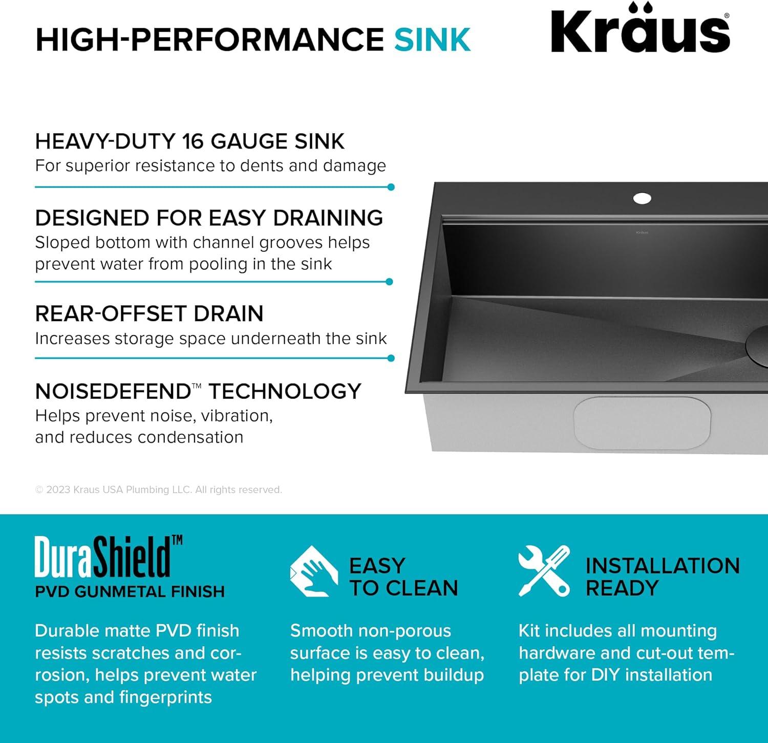 KRAUS Kore™ Workstation 33" L Top Mount Drop-In 16 Gauge Black Stainless Steel Single Bowl Kitchen Sink