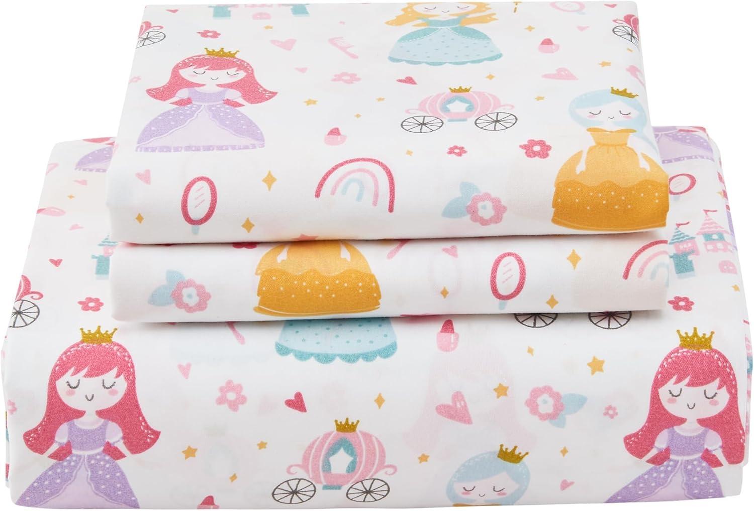Softan Kids Bed Sheet Set, Girls Twin Size Sheets, Microfiber Fitted Sheet and Pillowcase, Breathable and Silky Soft, 3 Piece Castle Princess Printed Twin Bed Sheet