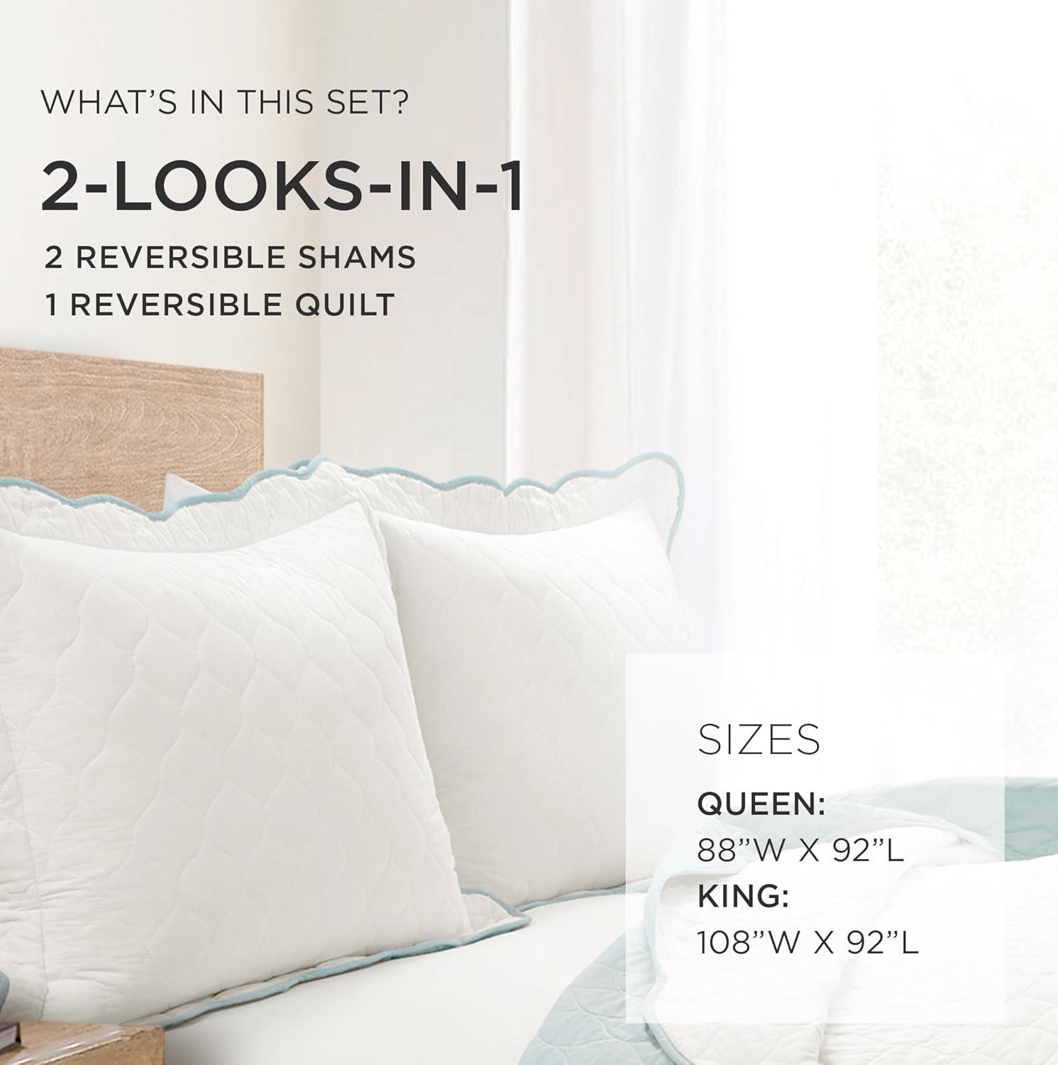 3pc Full/Queen Coastal Chic Scallop Edge Reversible Quilt Set Blue - Lush Décor: OEKO-TEX Certified, Cotton Fill