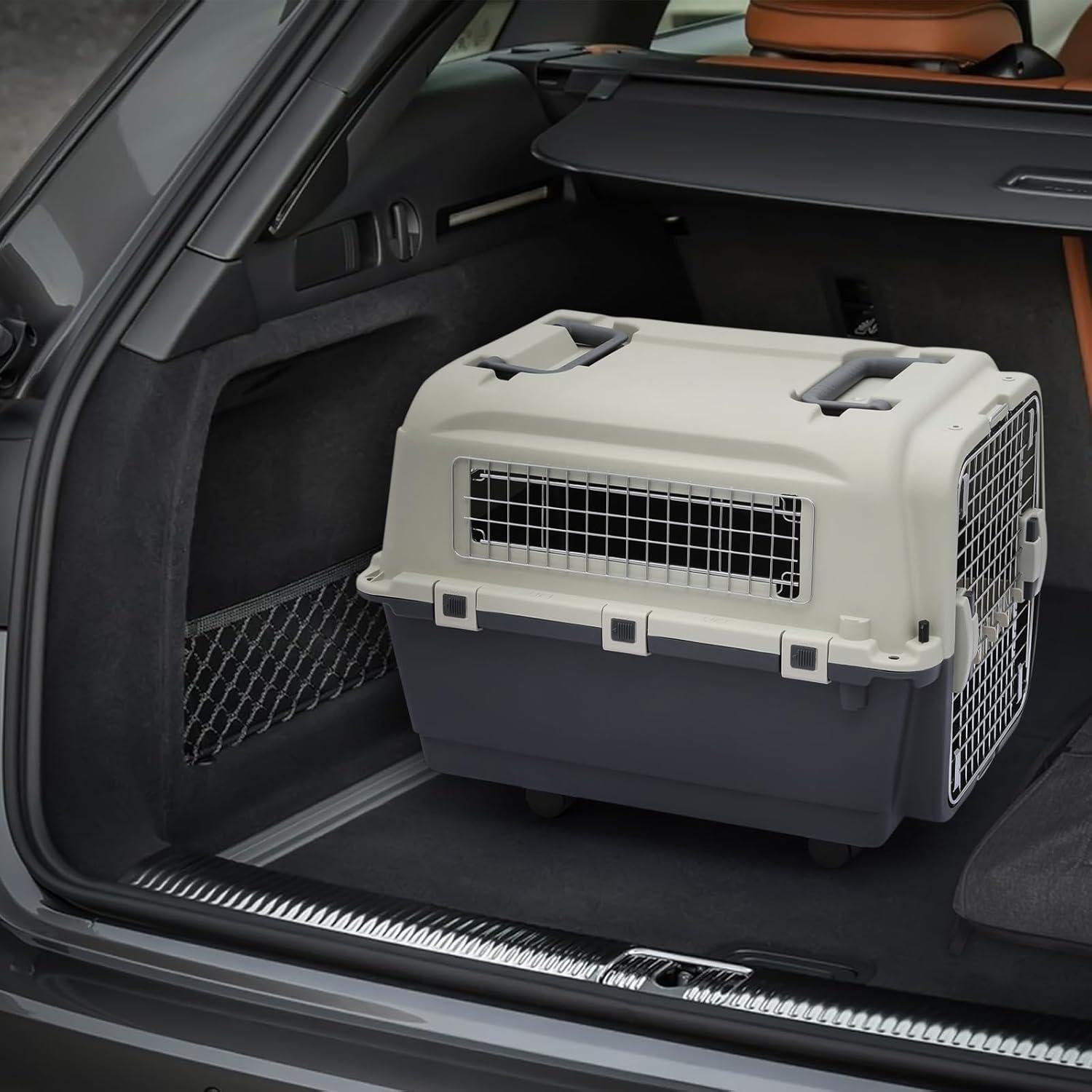 MoNiBloom Jaula Transpirable para Mascotas de 27 Pulgadas, Caja de Transporte, Perrera de Viaje para Perros con Tazones y Ruedas para Gatos y Gatitos, Aprobada por Aerolíneas, Blanco/gris