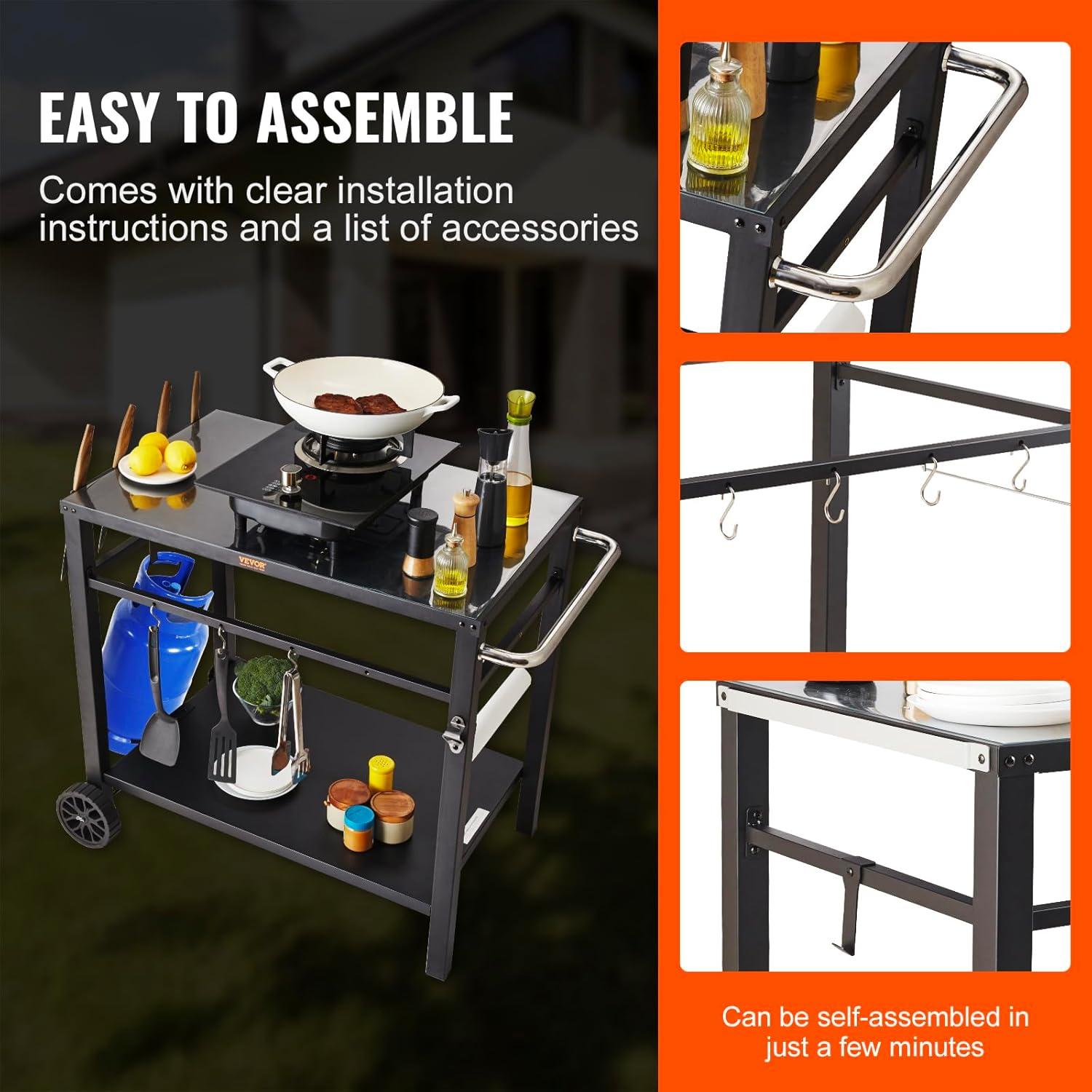 VEVOR Outdoor Grill Dining Cart with Double-Shelf, BBQ Movable Food Prep Table, Multifunctional Foldable Iron Table Top, Portable Modular Carts
