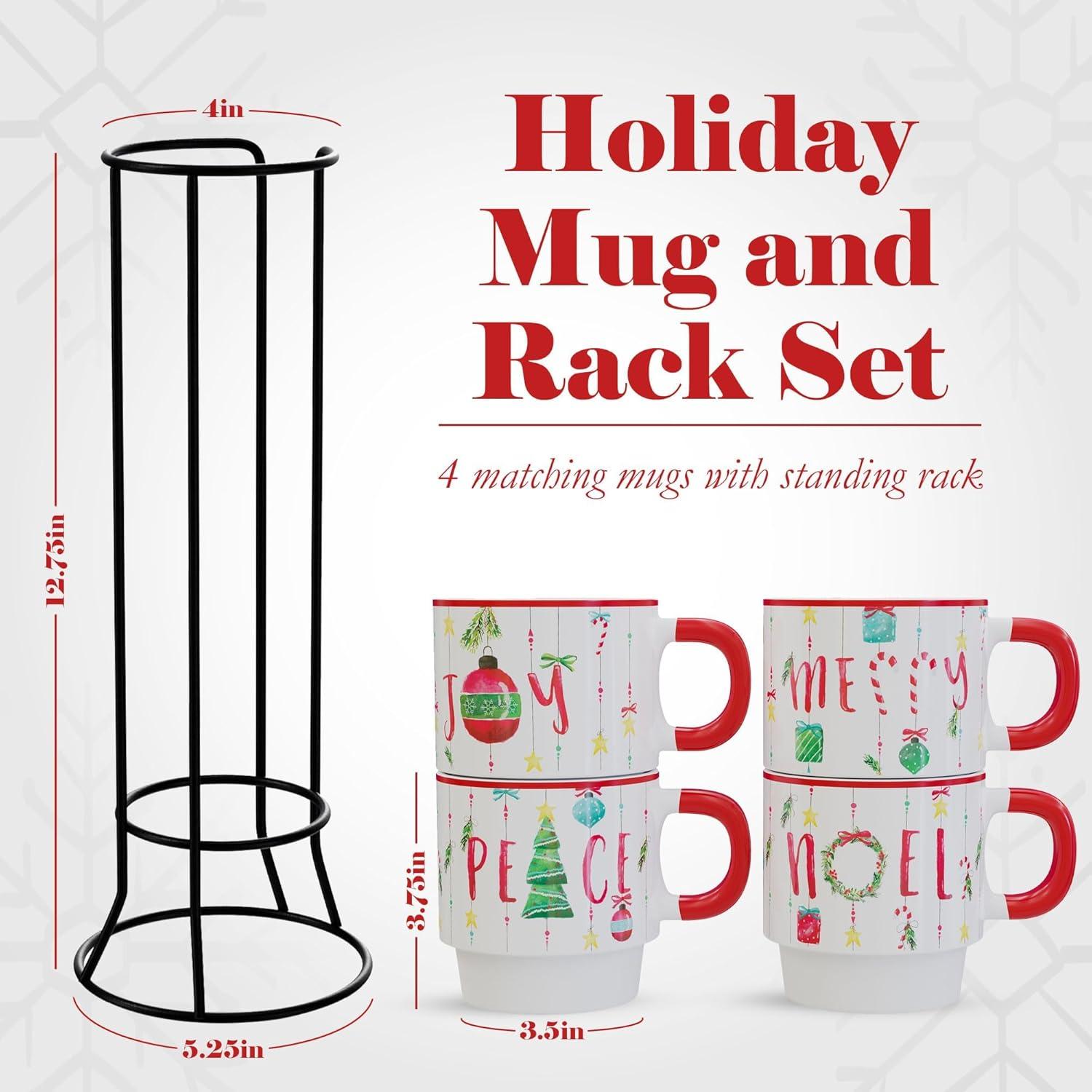 American Atelier 14 Oz Mug Set with Rack (Set of 4) - Stackable Ceramic Mugs, Holiday-Themed Coffee Cup Set for Coffee, Tea, Hot Chocolate - Microwave & Dishwasher Safe, Mug Set for Coffee Lovers