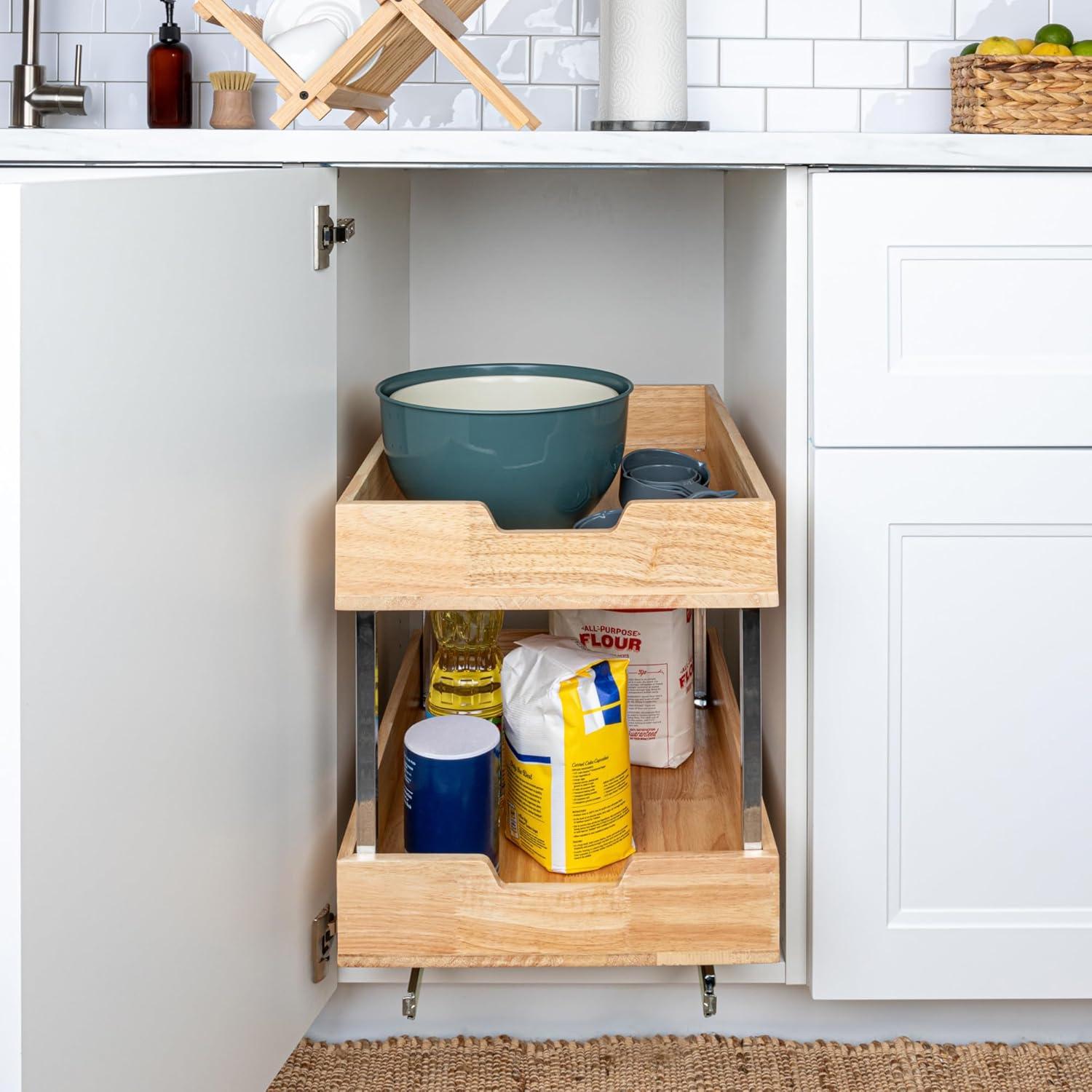 Household Essentials Glidez Steel and Wood Pull-Out/Slide-Out Storage Organizer for Under Cabinet Use - 2 -Tier Design - Fits Standard Size Cabinet or Shelf, Brushed Nickel and Natural