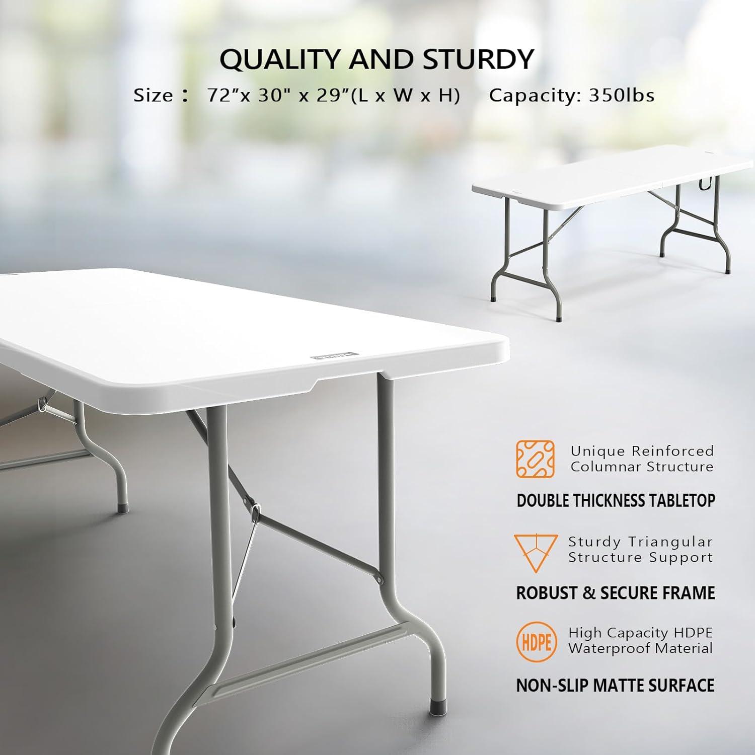 6' Folding Table, Camping Table with Large Plastic Tabletop, Dining Table with Carrying Handle and Steel Legs, White