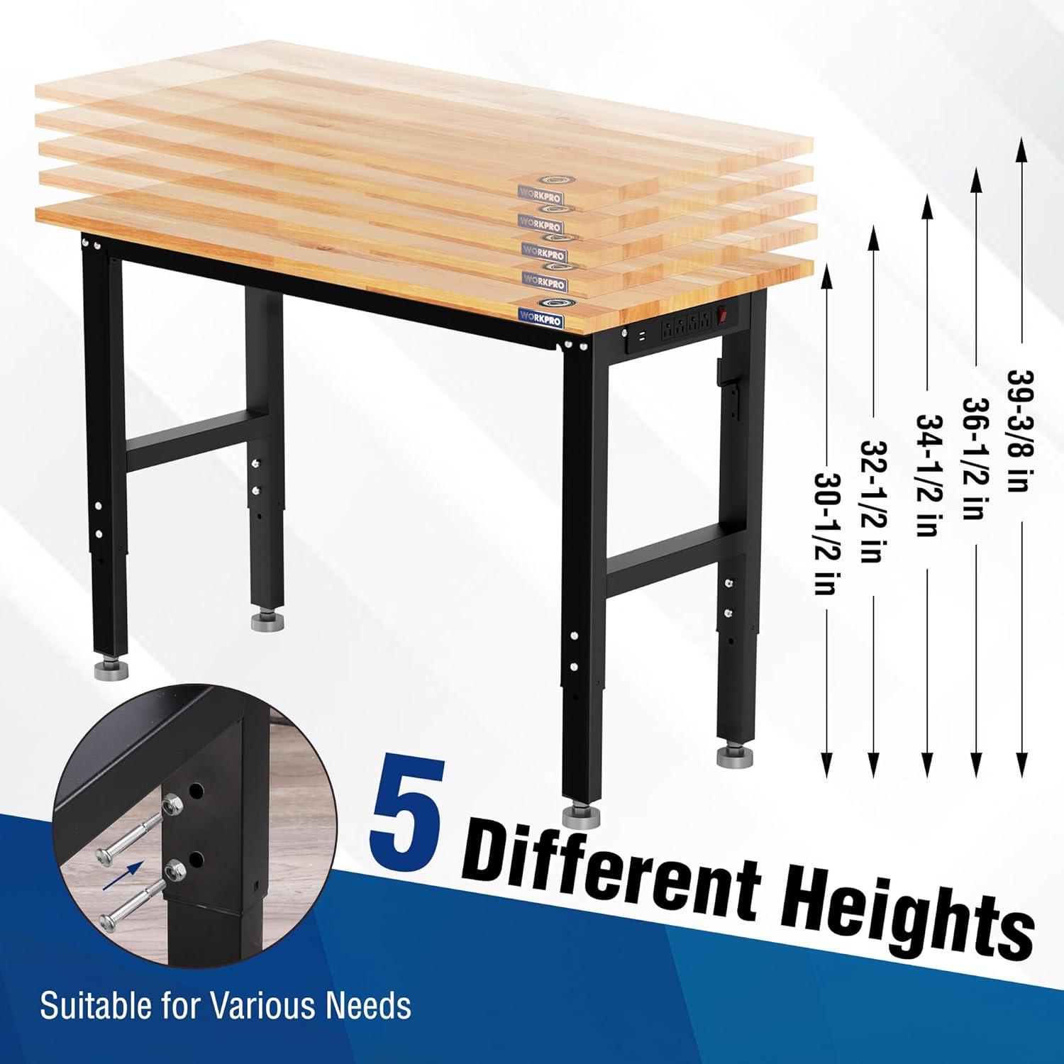 Adjustable Black Steel Workbench with Rubber Wood Top and Power Outlets