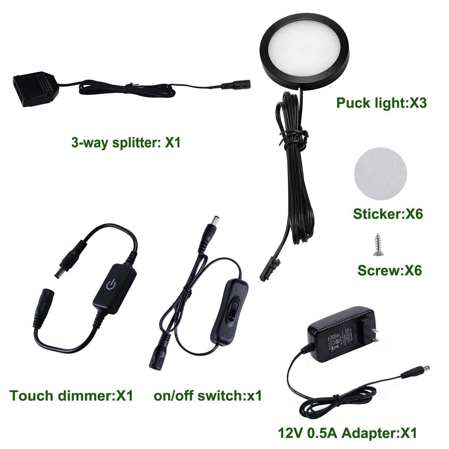 AIBOO LED Under Cabinet Lighting Black Cover Puck Lights Kit with Touch Dimmer Switch (3 Lights,Warm White)